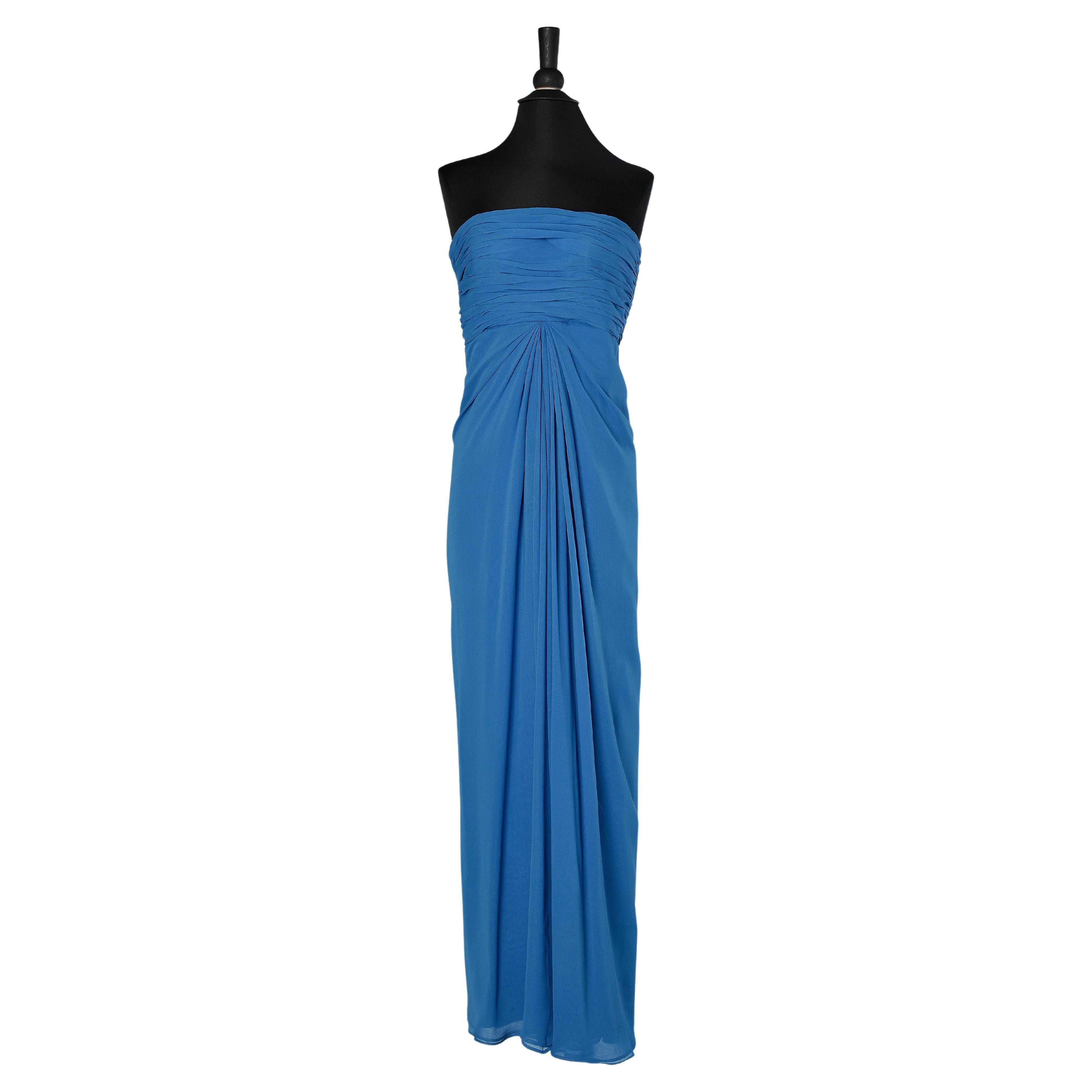 Long draped evening bustier dress in blue  silk chiffon Estévez 