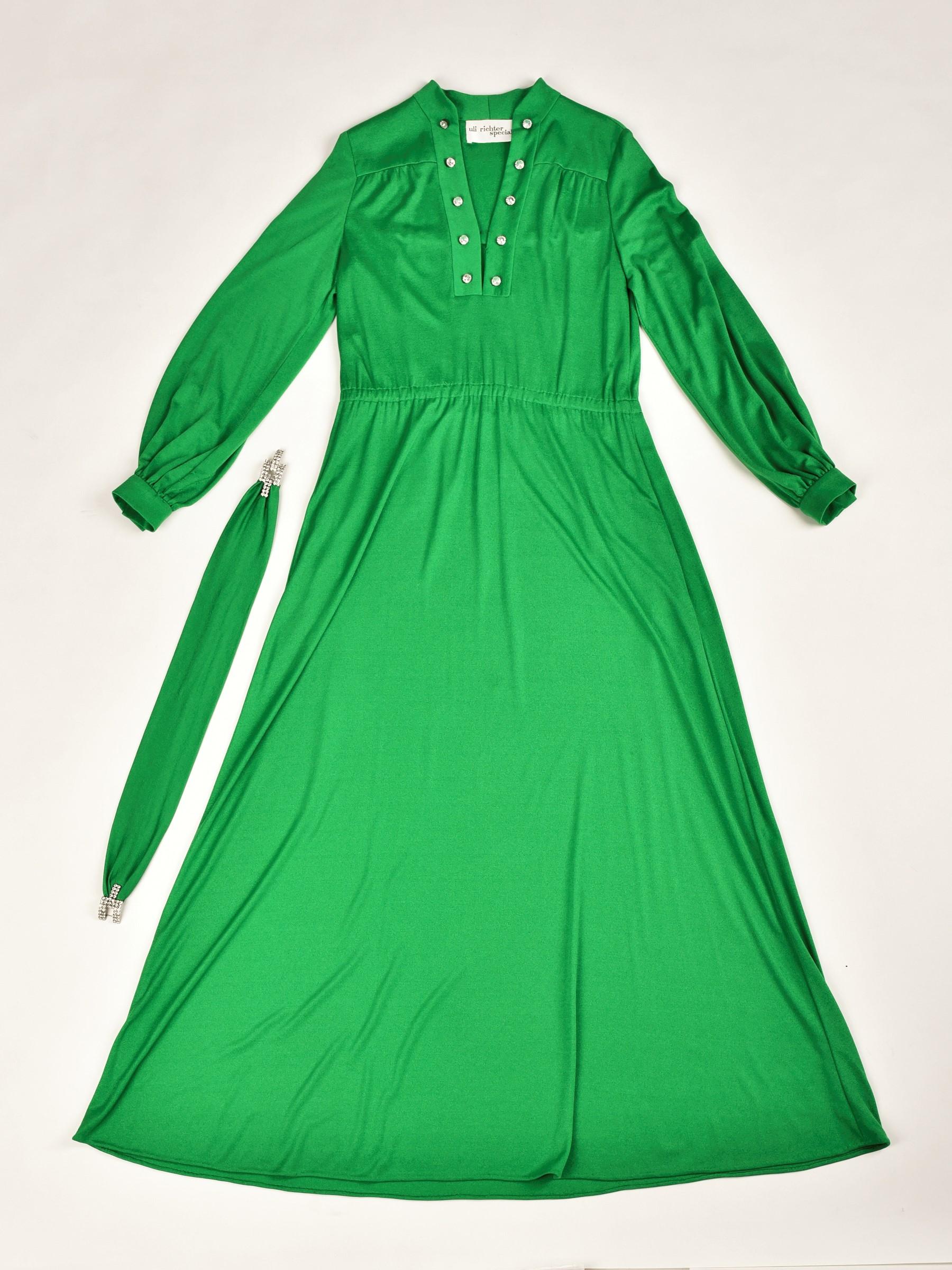 Green Long dress in jersey and strass by Uli Richter - Berlin Circa 1970