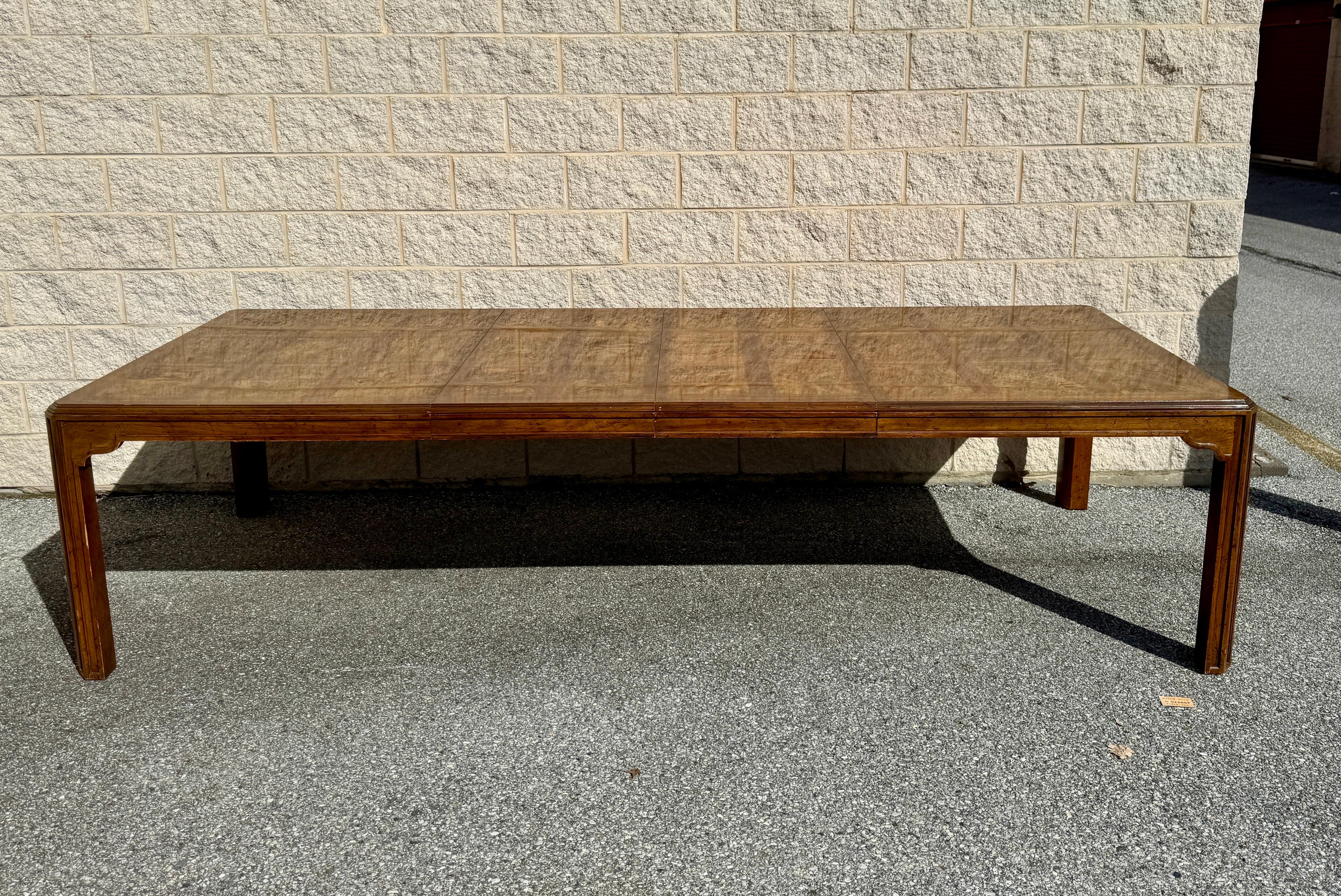 Mid-Century Modern Long Drexel Heritage Parsons Burl Wood Dining Banquet Table With Three Leaves For Sale