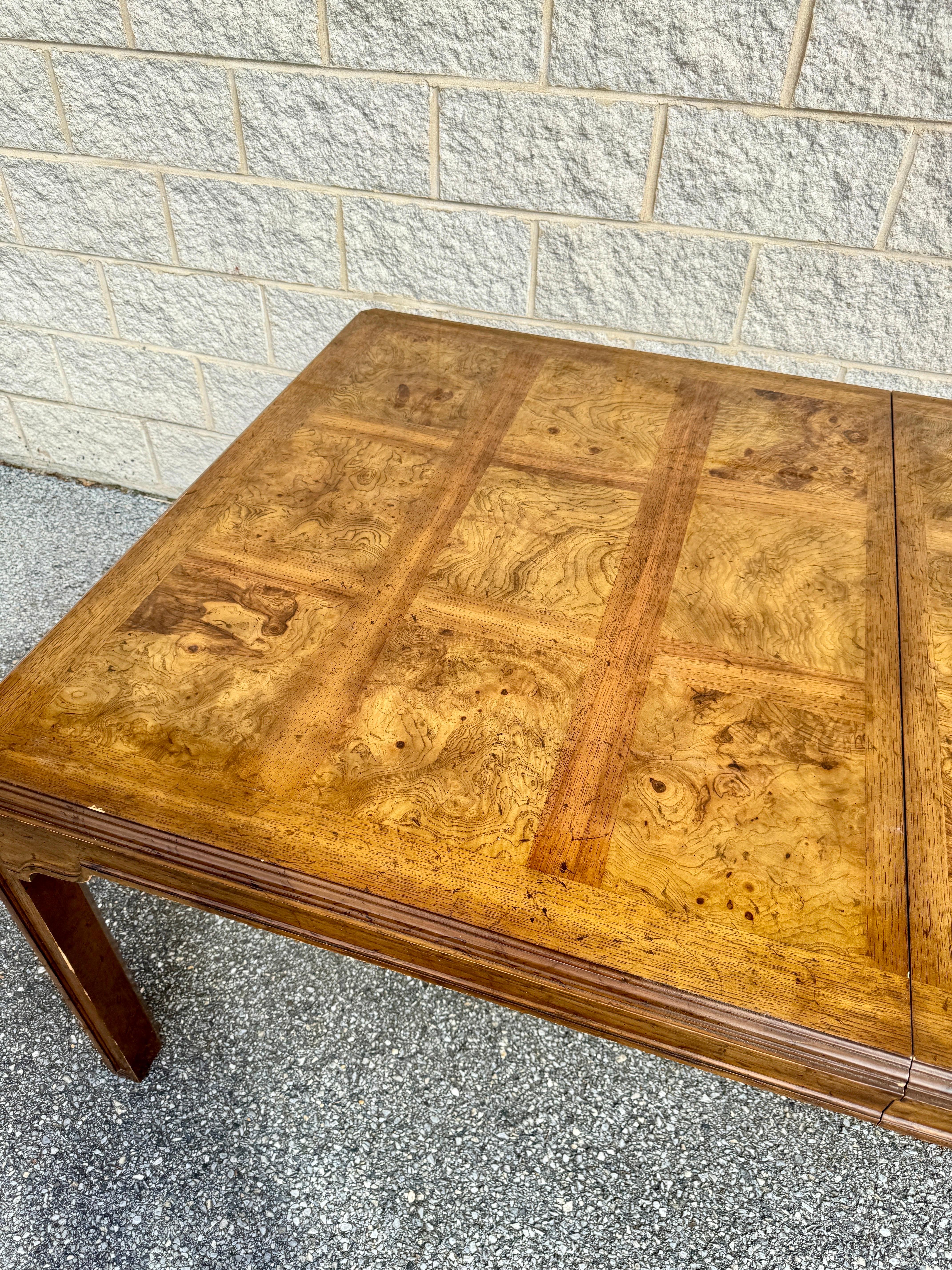 American Long Drexel Heritage Parsons Burl Wood Dining Banquet Table With Three Leaves For Sale