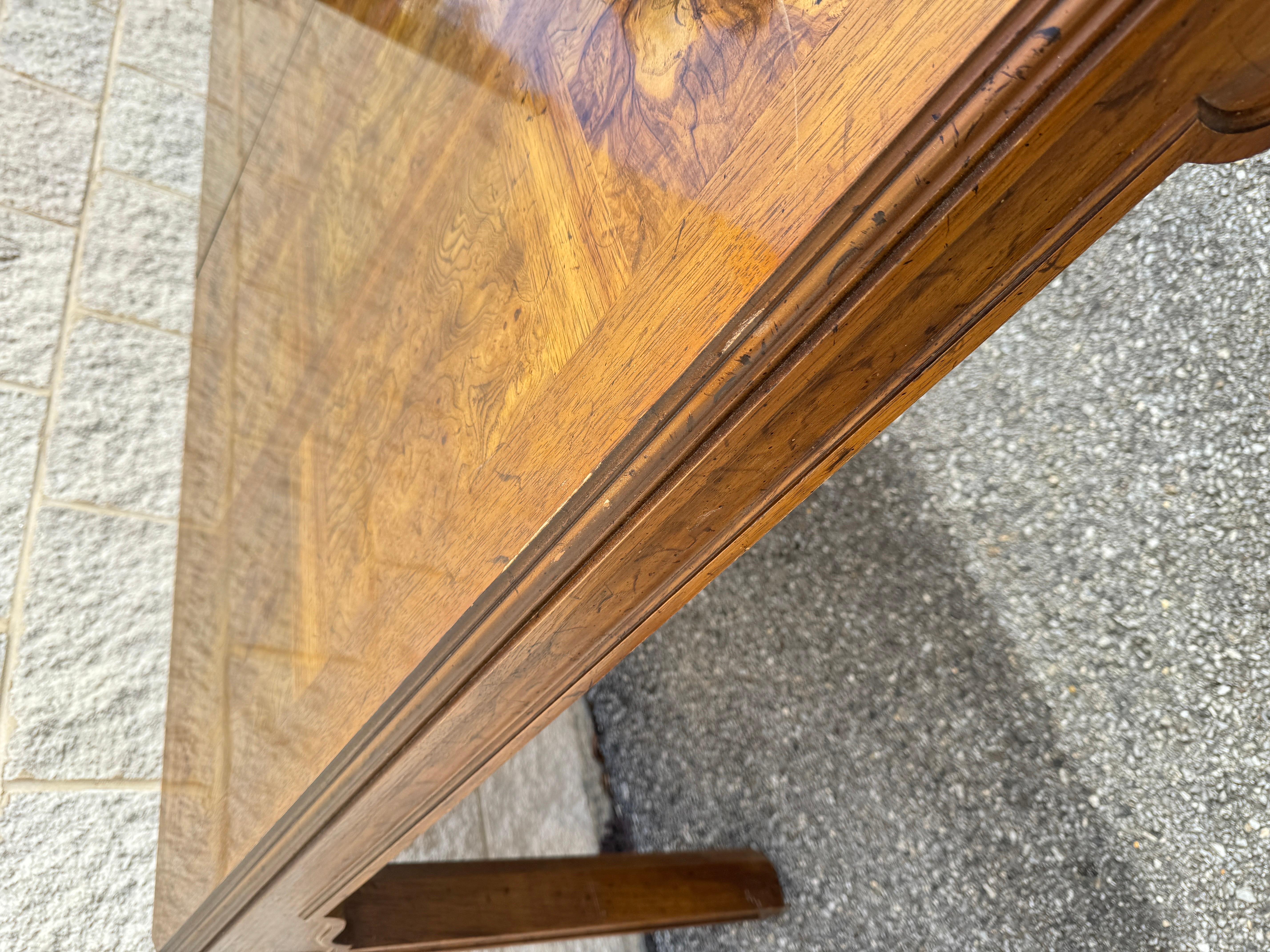 Late 20th Century Long Drexel Heritage Parsons Burl Wood Dining Banquet Table With Three Leaves For Sale