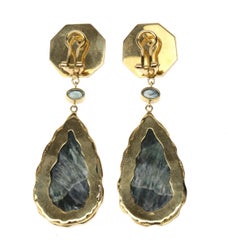Long Drop 18 Karat Gold Green Sapphire Antique Cinese Enamel Drops Earrings