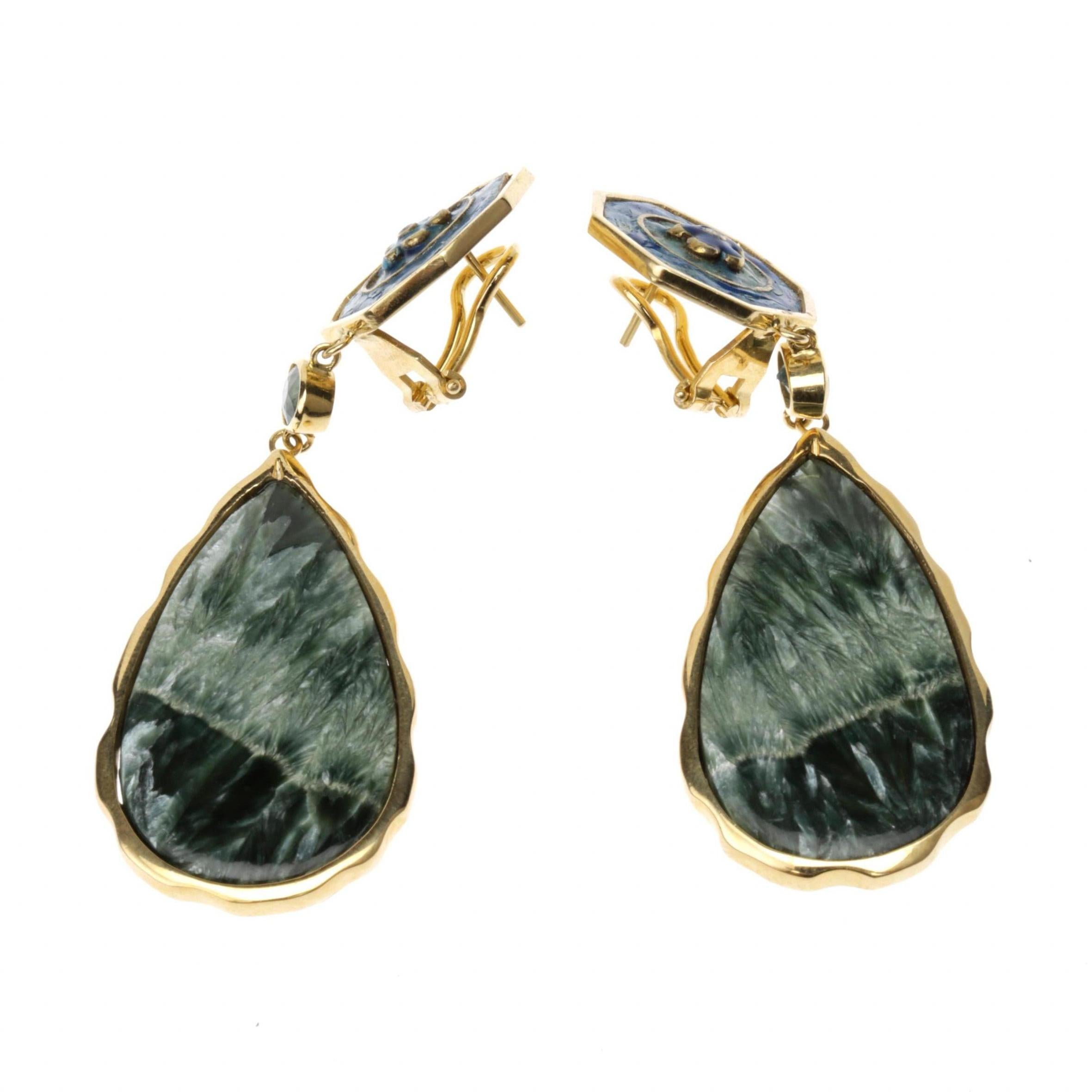Artisan Long Drop 18 Karat Gold Green Sapphire Antique Cinese Enamel Drops Earrings For Sale