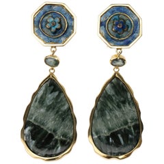 Long Drop 18 Karat Gold Green Sapphire Antique Cinese Enamel Drops Earrings