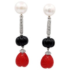 Long Drop 18k Gold Earrings White South Sea Pearl Diamond Bar Carved Onyx Coral