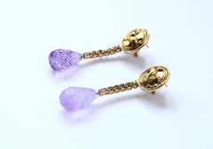 Long Drop Amethyst and Peridot 18 Karat Gold Earrings