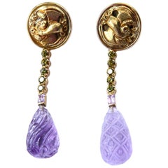 Lange tropfenförmige Ohrringe mit Amethyst und Peridot aus 18 Karat Gold