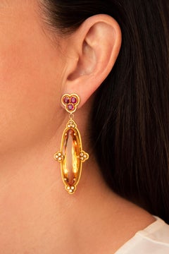 Long Drop Earrings of Ruby, Diamond, Citrine and Yellow Gold