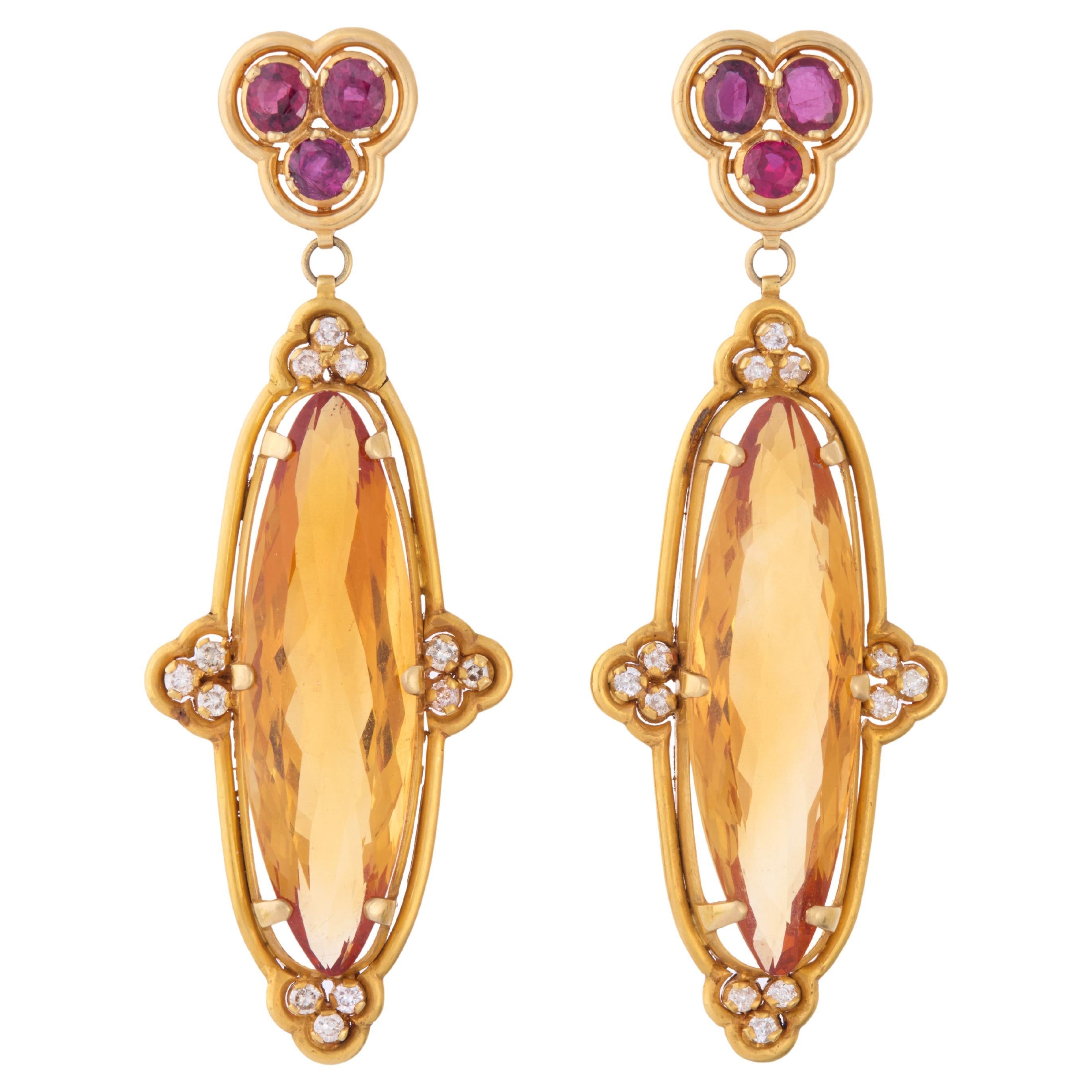 Long Drop Earrings of Ruby, Diamond, Citrine and Yellow Gold