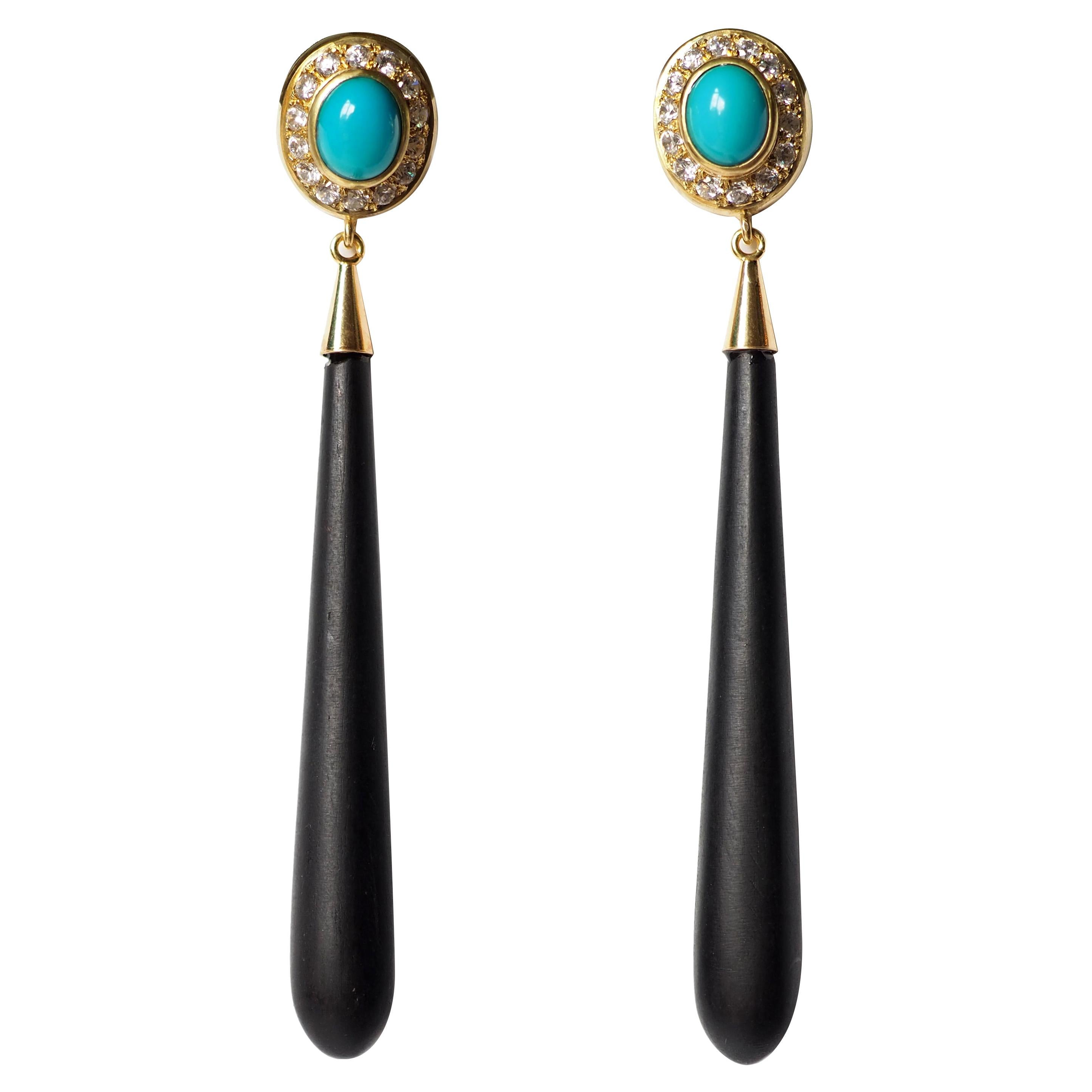 Long Drop Ebony Earrings 18 Karat Gold Turquoise Zircon For Sale