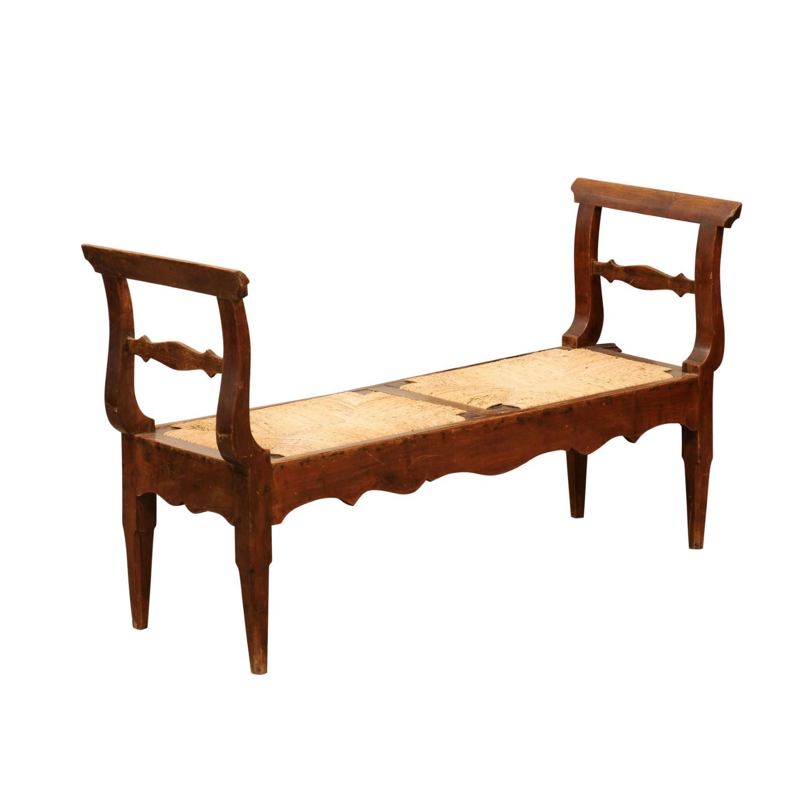 Long Early 19th Century French Louis Philippe Fruitwood & Rush Seat Window Bench