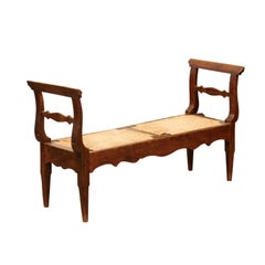 Long Early 19th C French Louis Philippe Fruitwood & Rush Seat Window Bench