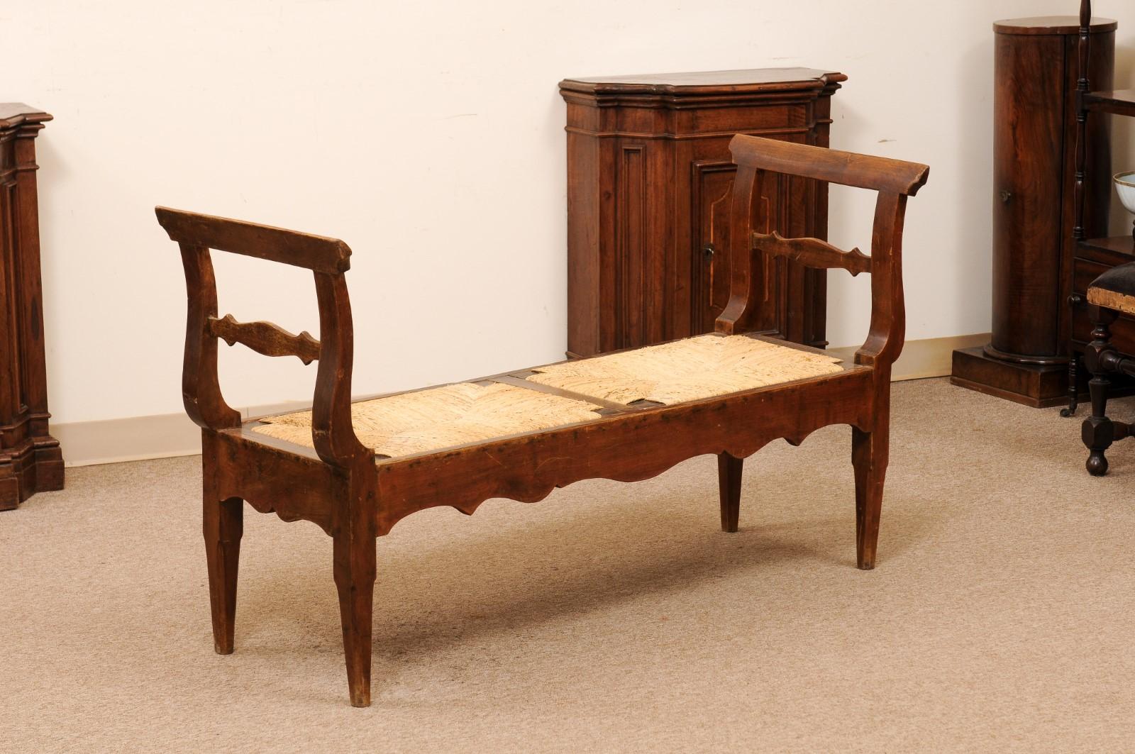  Long Early 19th C French Louis Philippe Fruitwood & Rush Seat Window Bench In Good Condition In Atlanta, GA