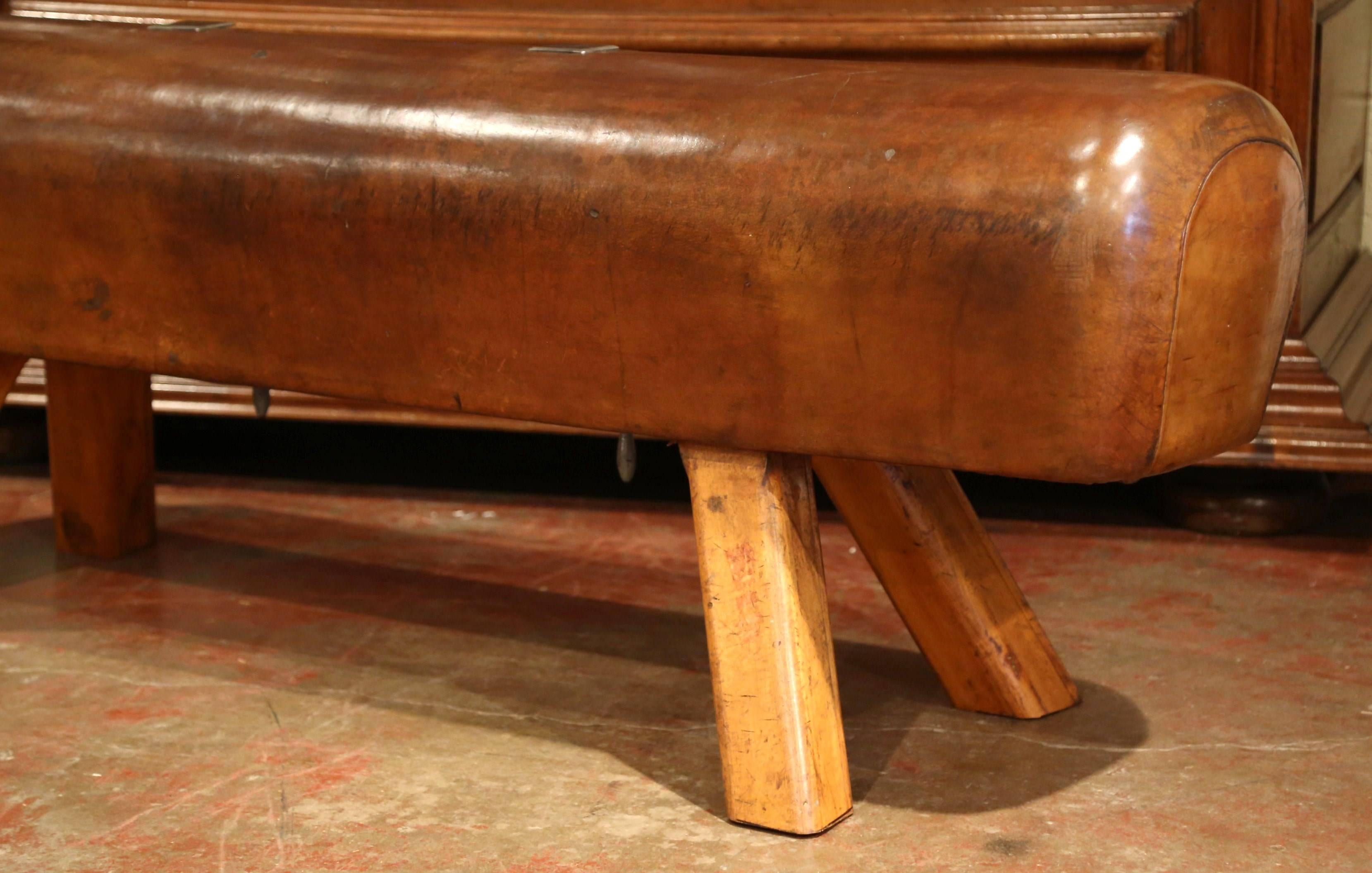 Hand-Carved Long Early 20th Century Czech Pommel Horse Bench with Brown Leather