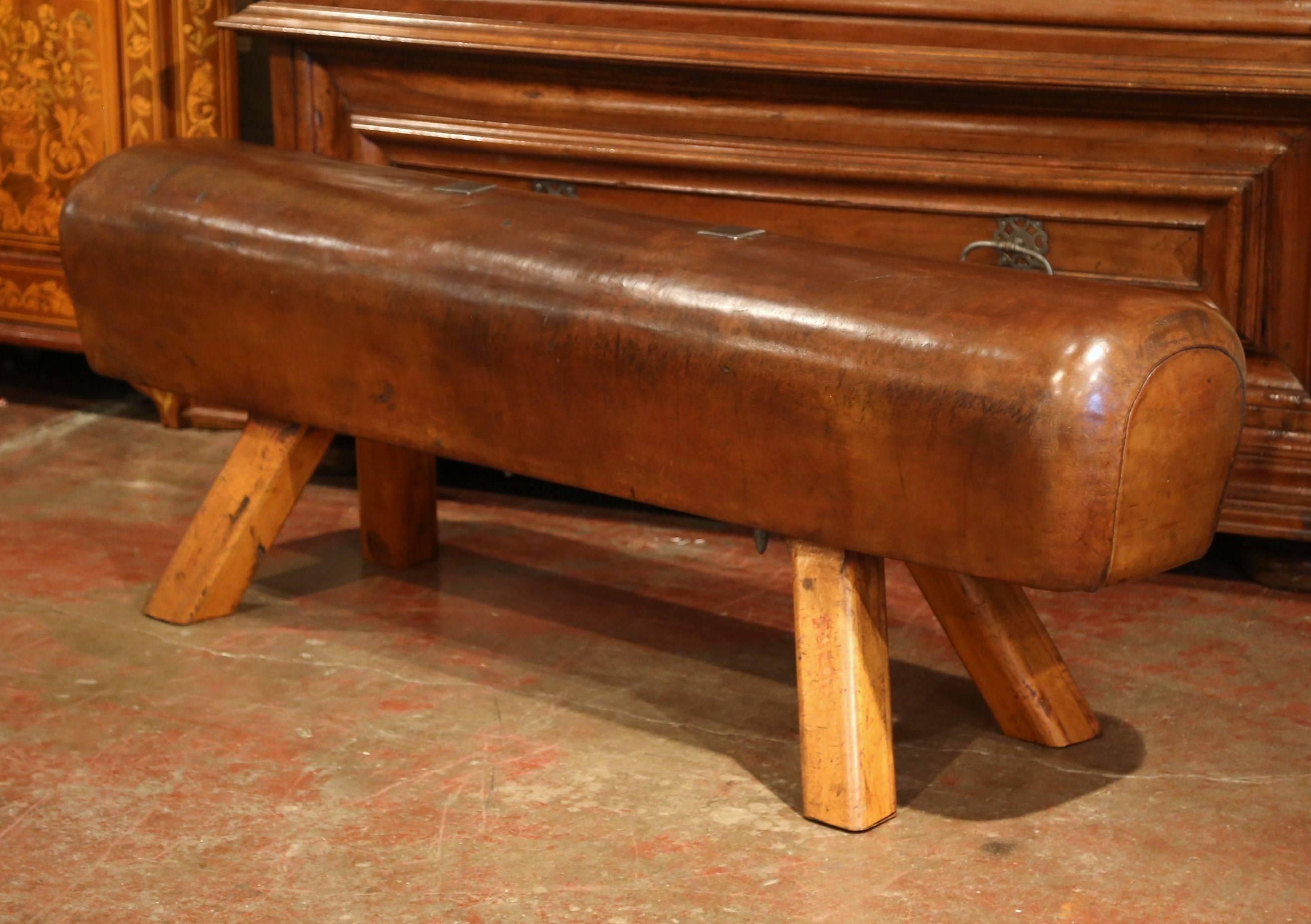 Long Early 20th Century Czech Pommel Horse Bench with Brown Leather 1