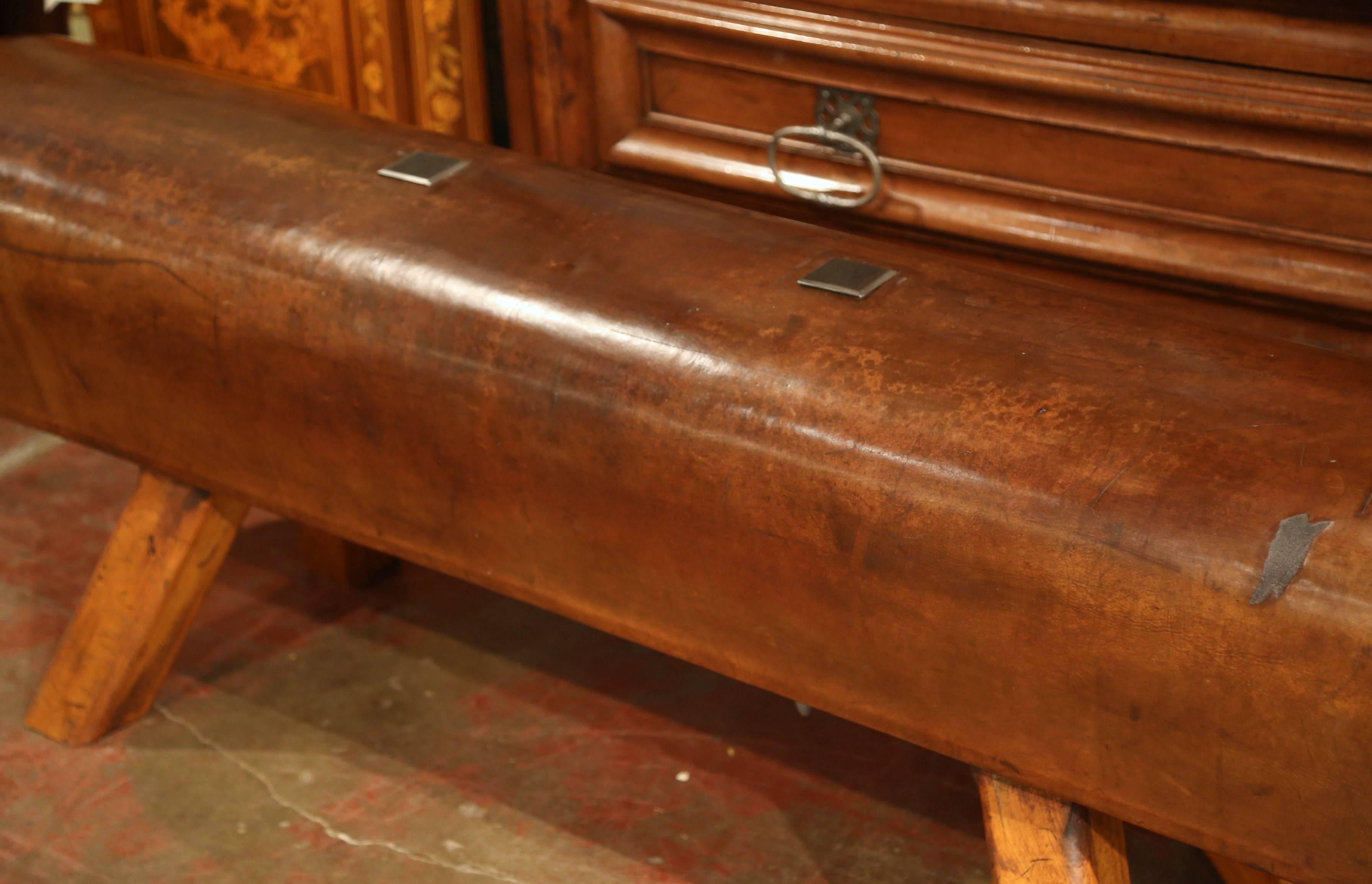 Long Early 20th Century Czech Pommel Horse Bench with Brown Leather 2