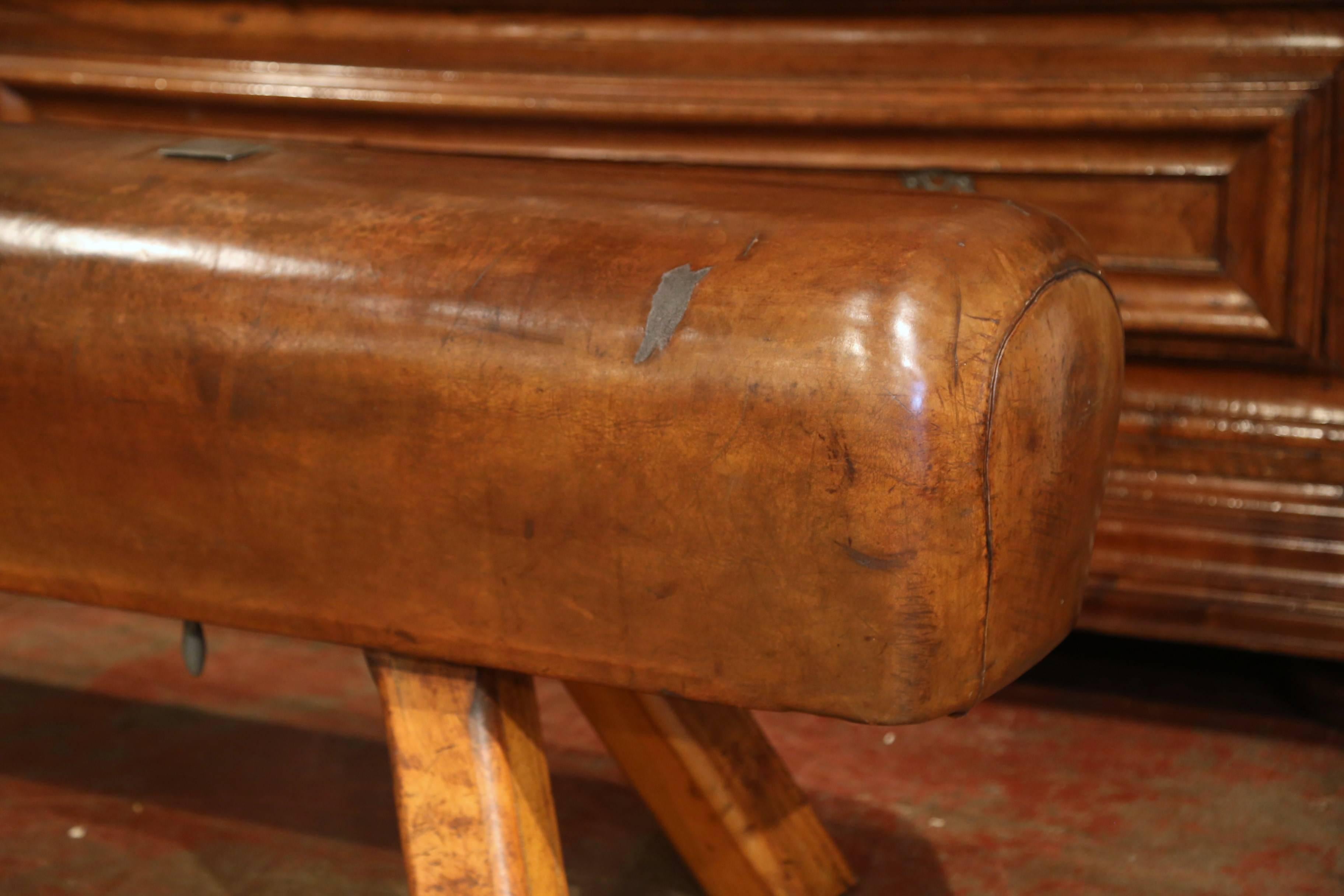 Long Early 20th Century Czech Pommel Horse Bench with Brown Leather 3