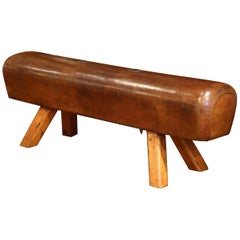 Used Long Early 20th Century Czech Pommel Horse Bench with Brown Leather