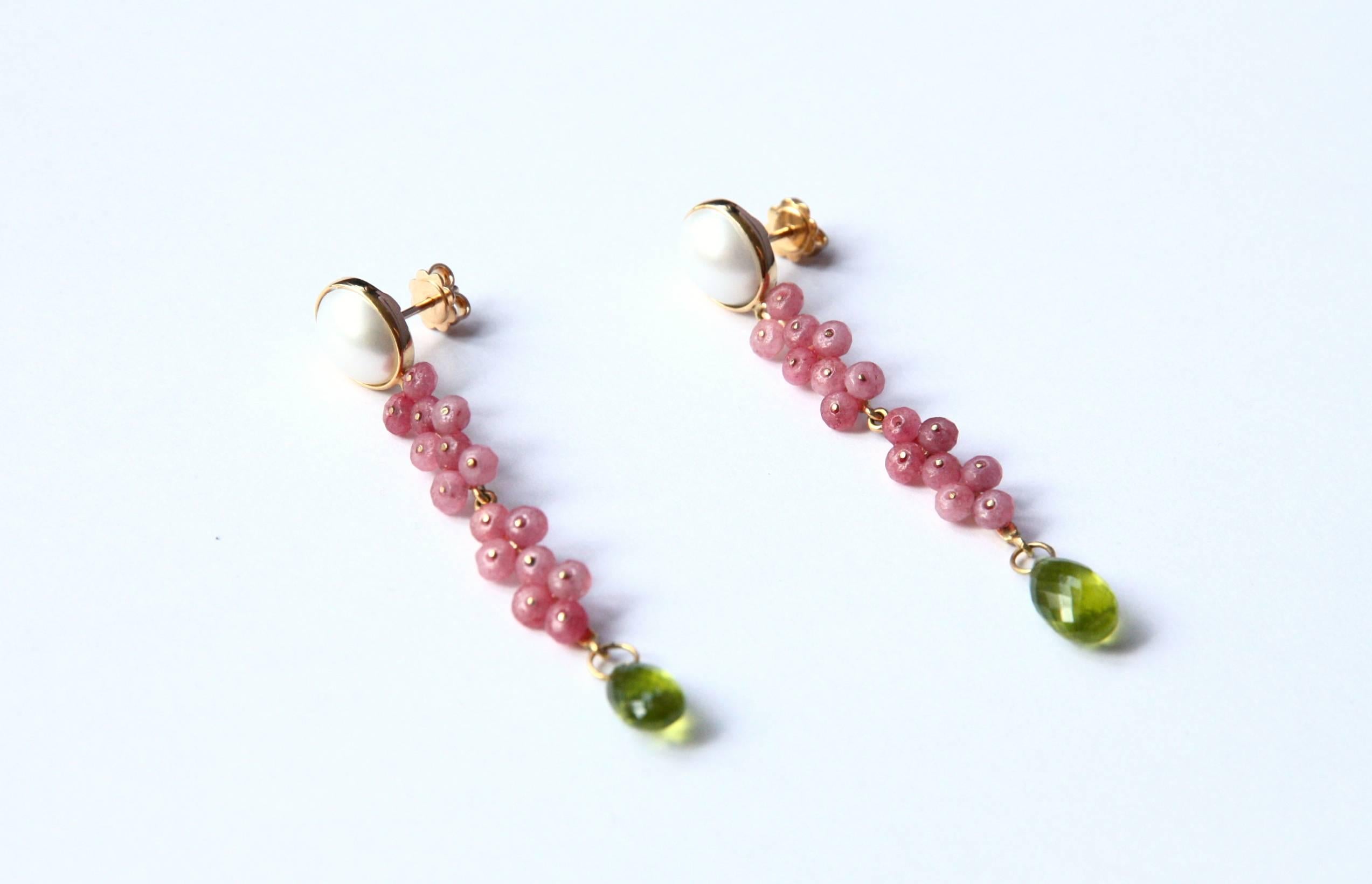 Women's or Men's Long Earrings Rubelite Peridot Pearls 18 Karat Gold For Sale