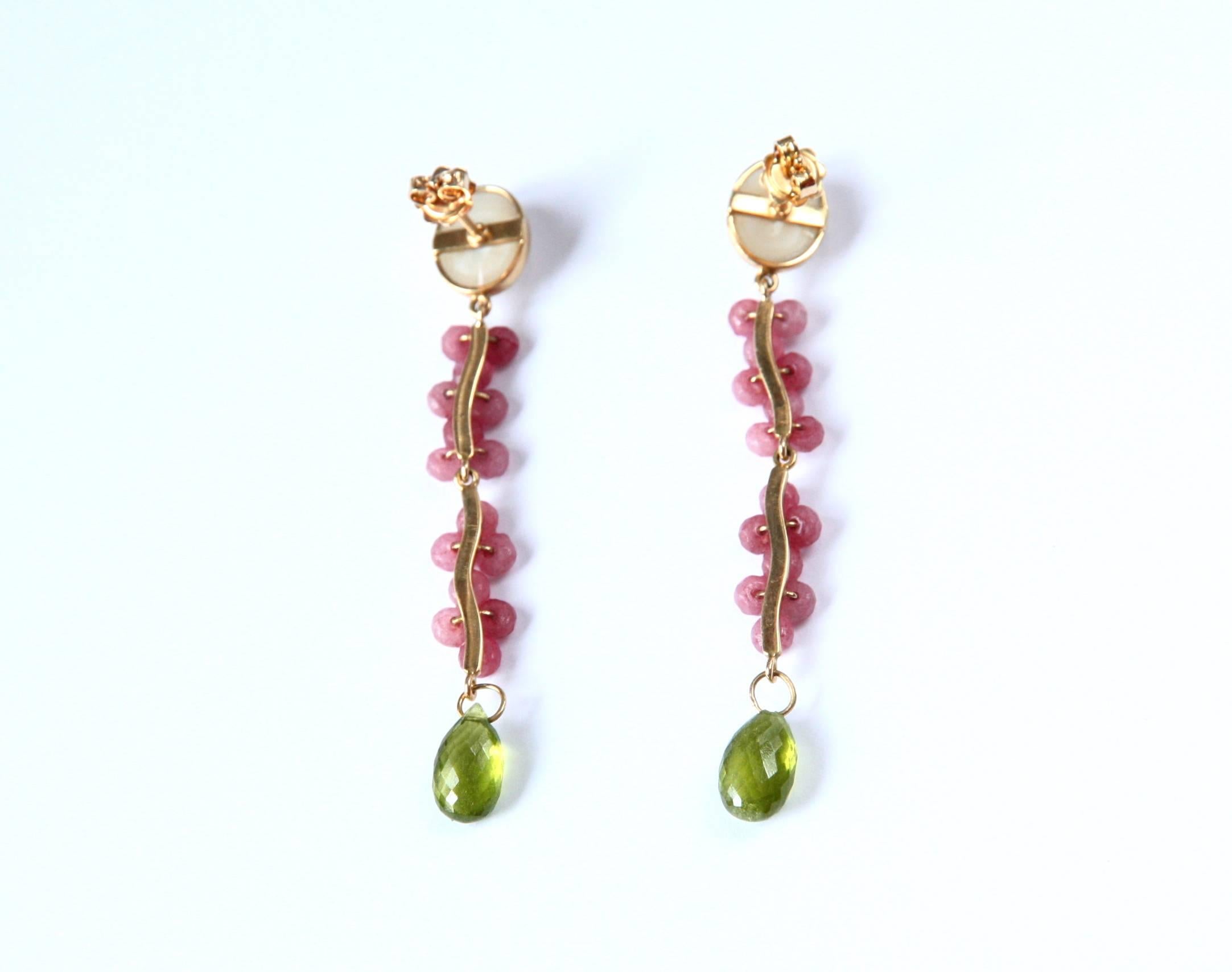 Long Earrings Rubelite Peridot Pearls 18 Karat Gold For Sale 1