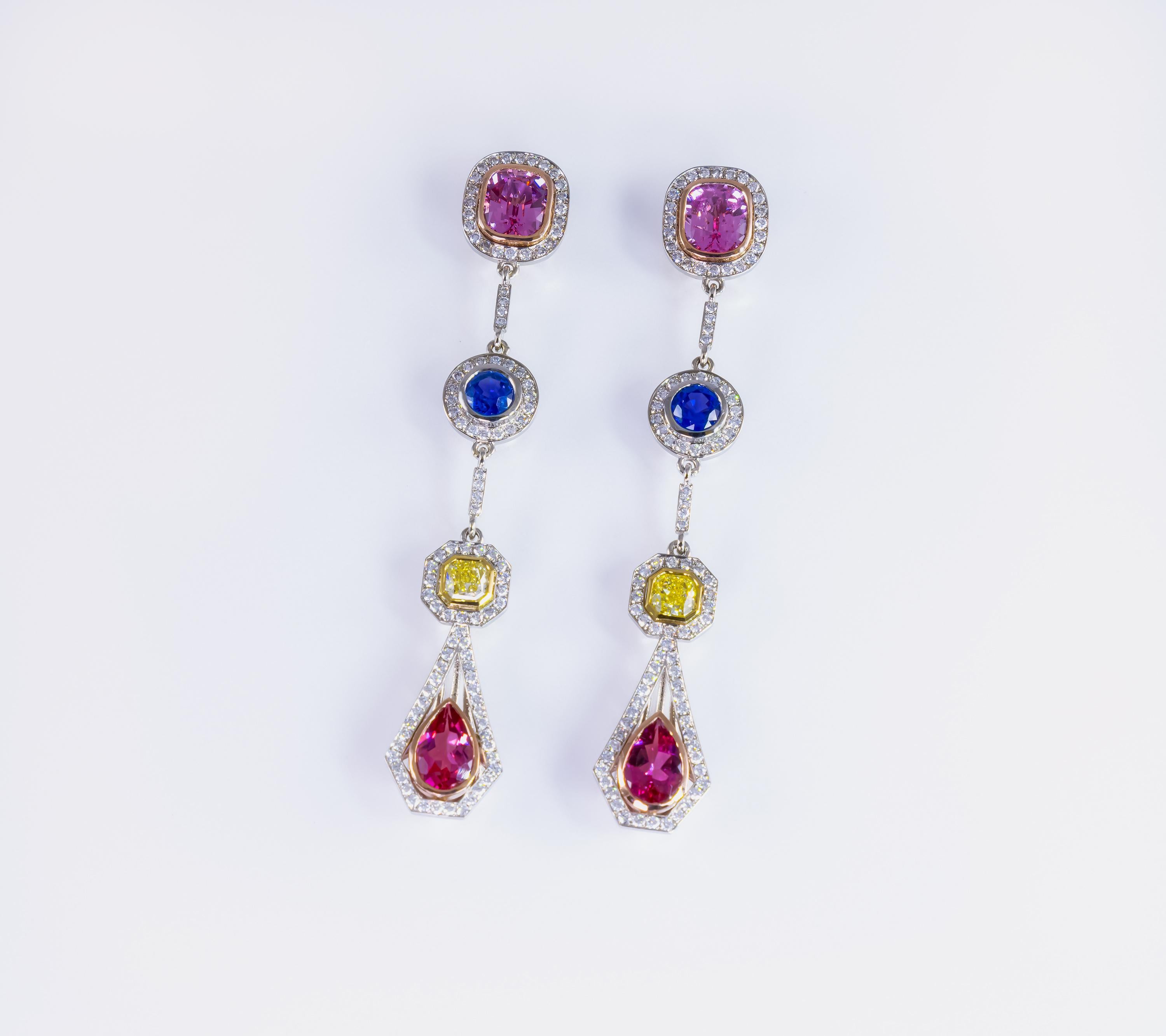 Art Nouveau Long Earrings with Diamonds, Spinels, Sapphires and Pink Tourmalines For Sale