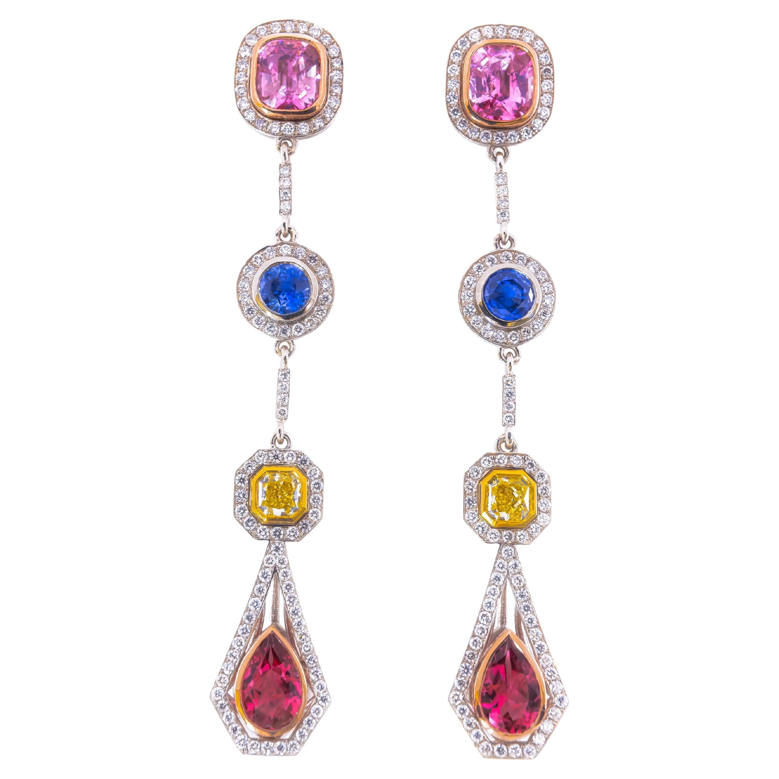 Long Earrings with Diamonds, Spinels, Sapphires and Pink Tourmalines For Sale