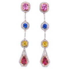 Long Earrings with Diamonds, Spinels, Sapphires and Pink Tourmalines