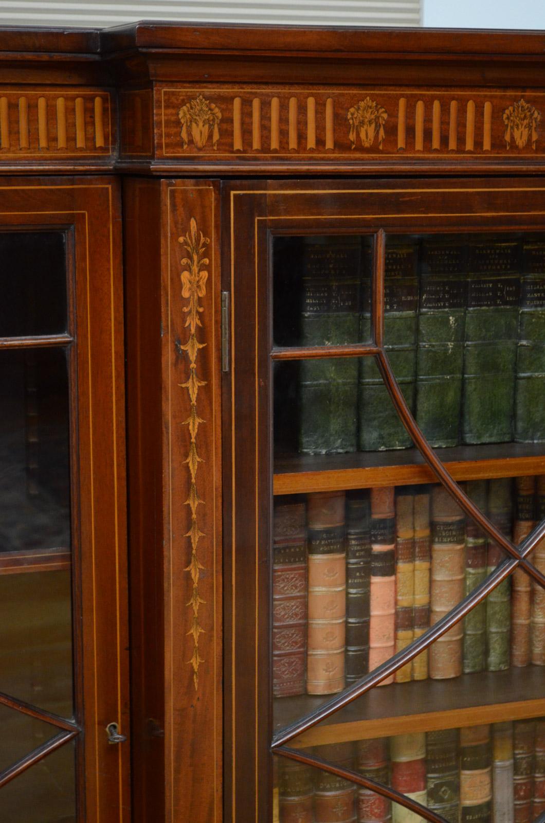 Long Edwardian Mahogany and Inlaid Bookcase 5