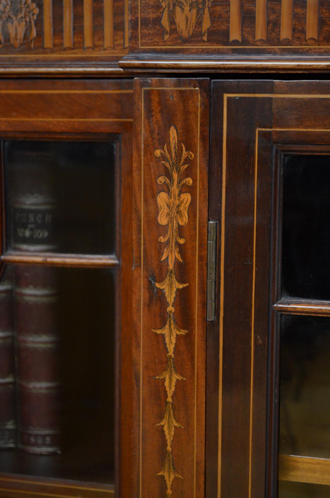 Long Edwardian Mahogany and Inlaid Bookcase 6