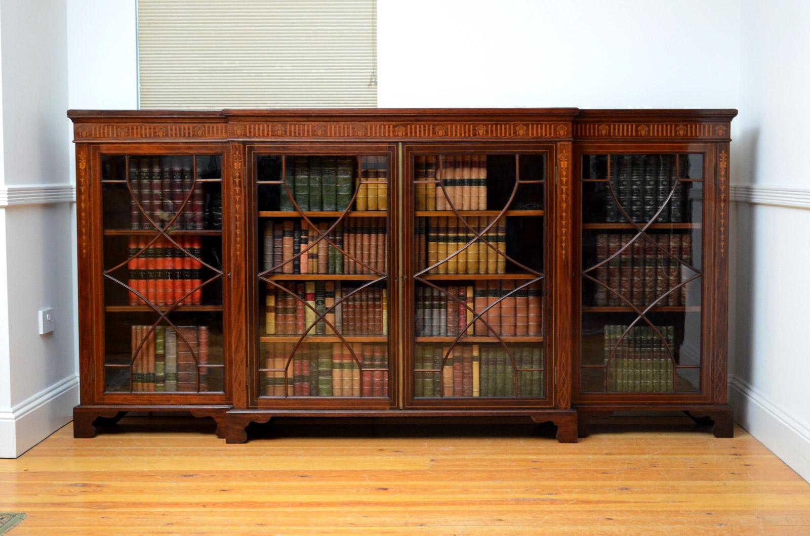 English Long Edwardian Mahogany and Inlaid Bookcase