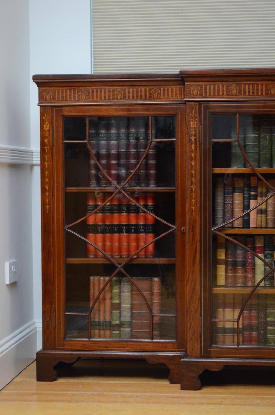 Long Edwardian Mahogany and Inlaid Bookcase 1