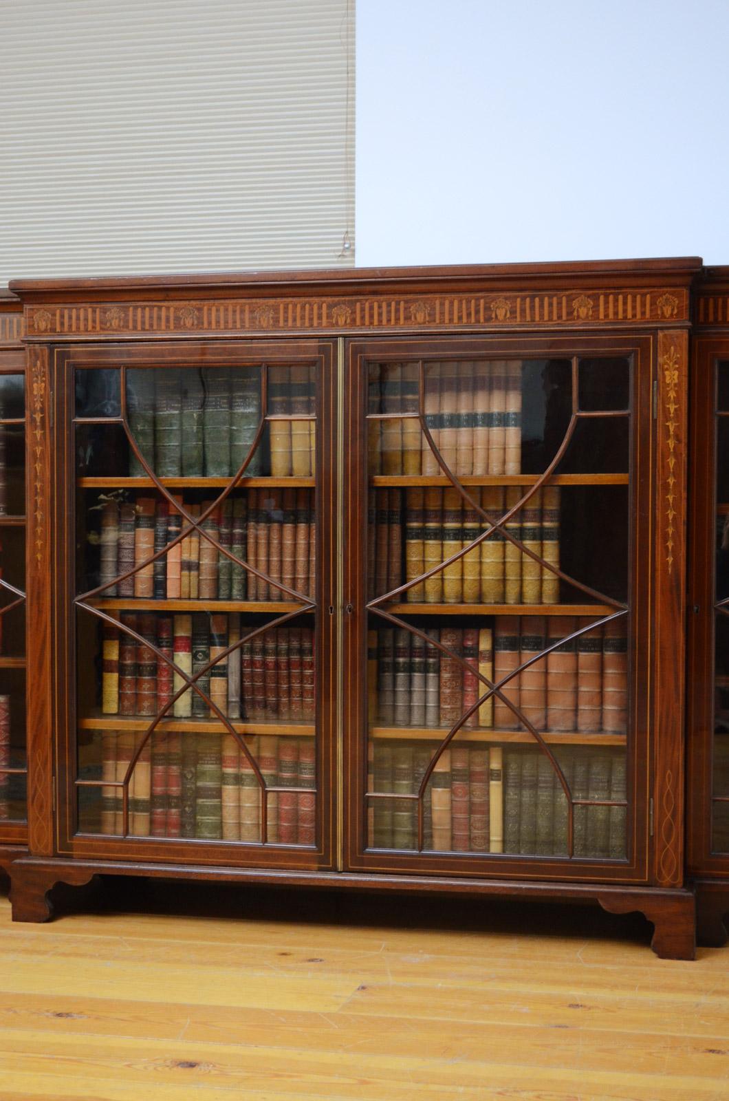 Long Edwardian Mahogany and Inlaid Bookcase 2