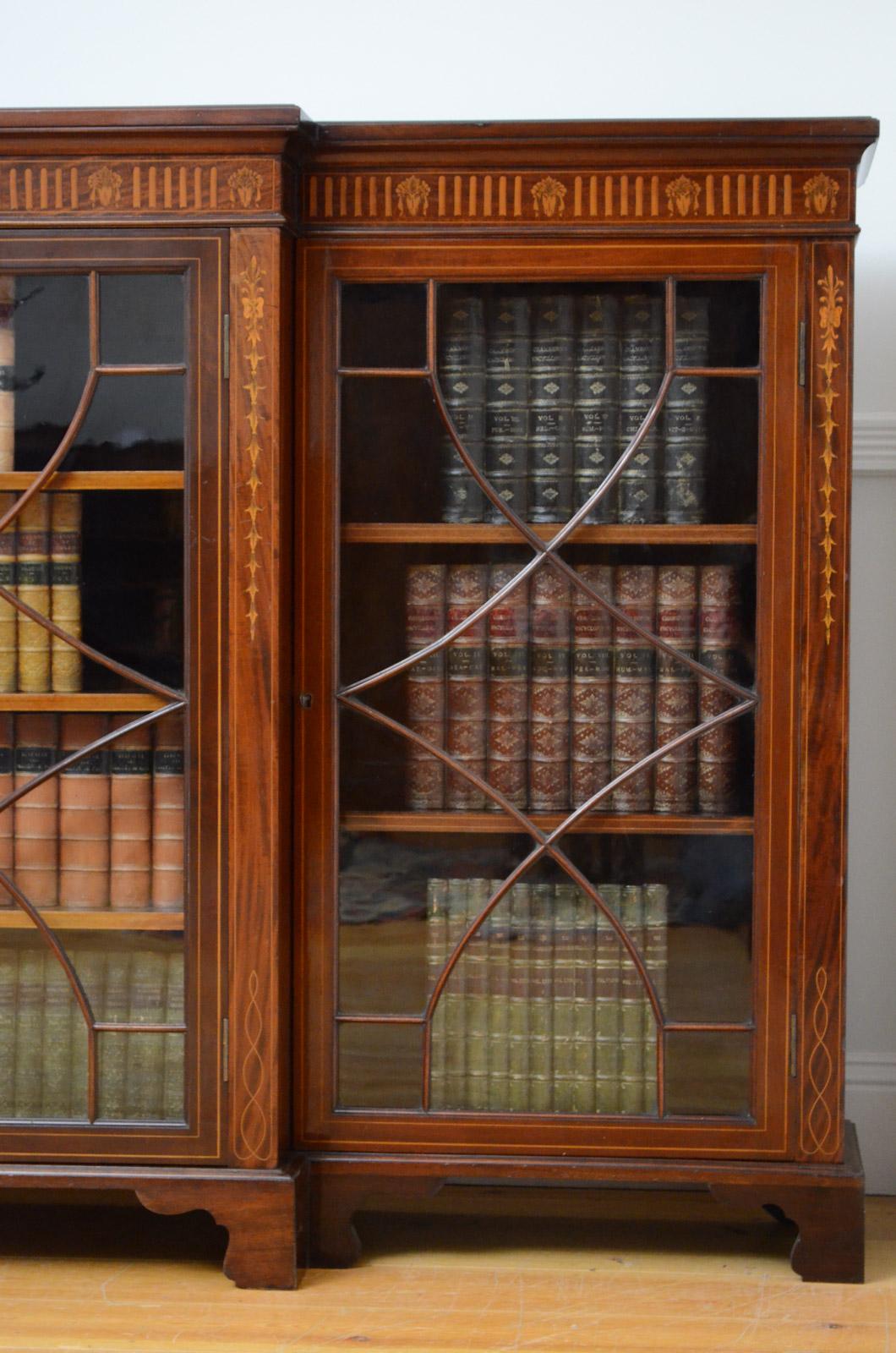 Long Edwardian Mahogany and Inlaid Bookcase 3