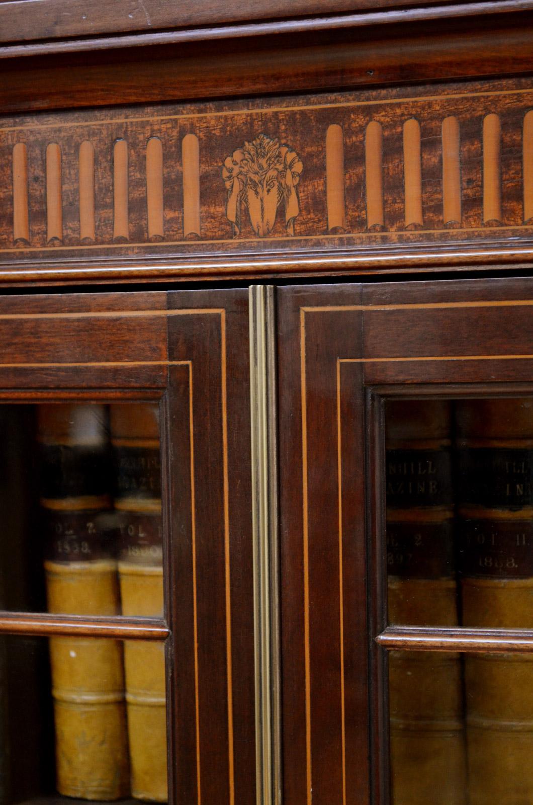 Long Edwardian Mahogany and Inlaid Bookcase 4