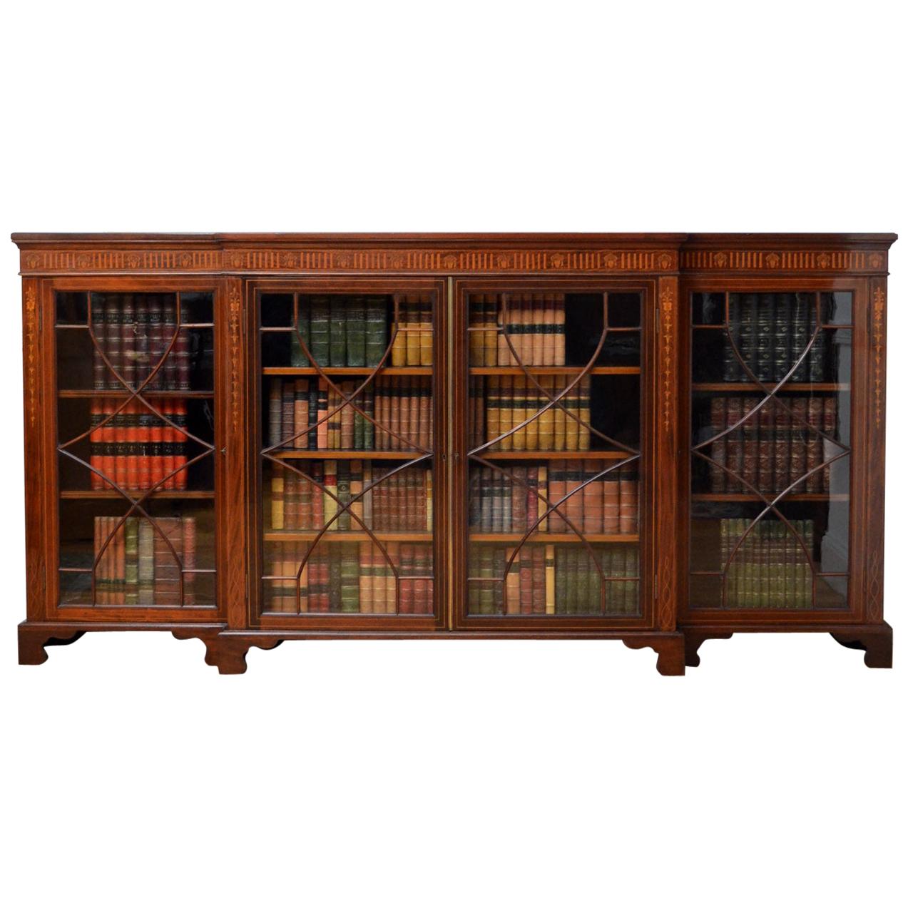 Long Edwardian Mahogany and Inlaid Bookcase