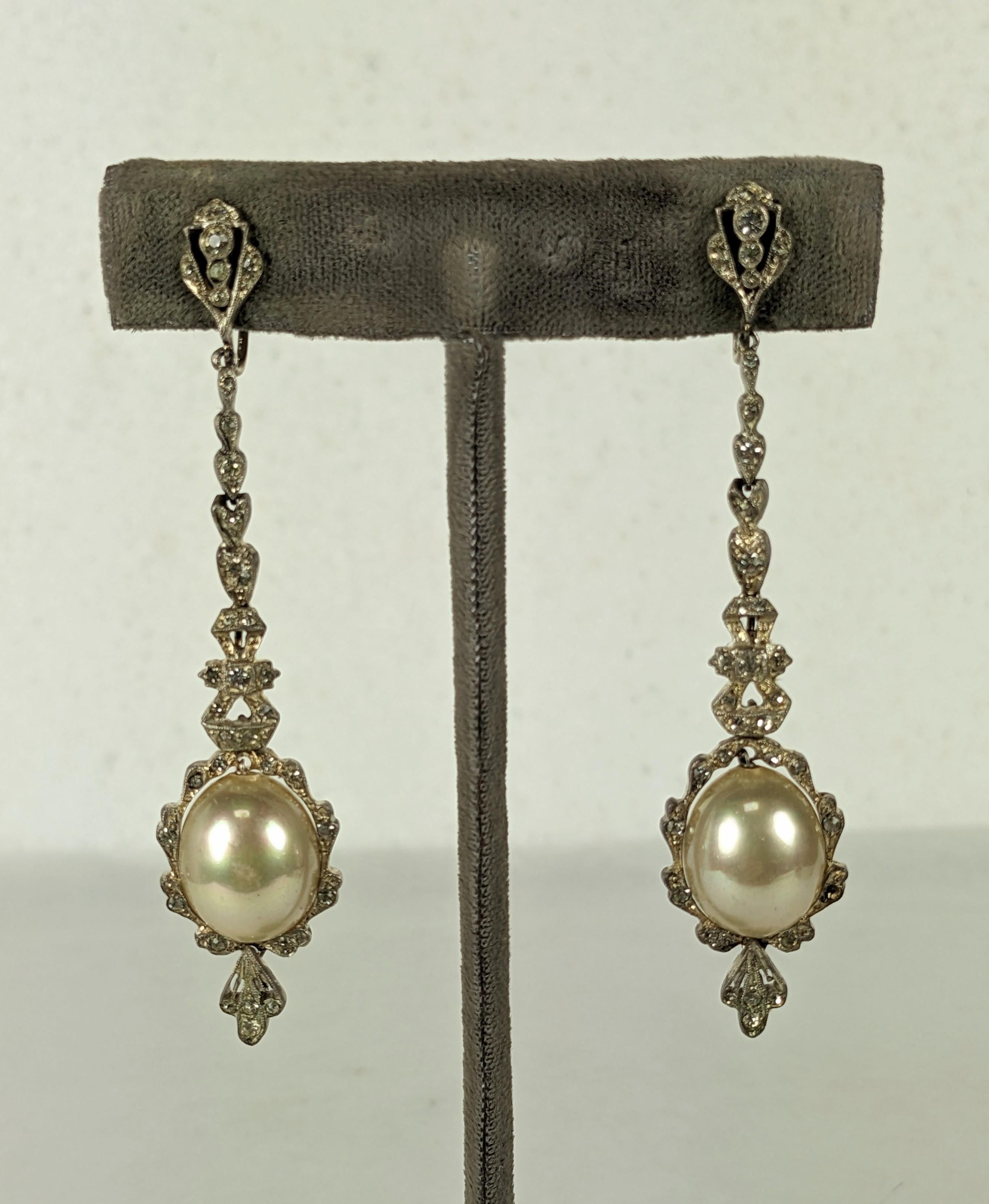 Women's Long Edwardian Paste and Faux Pearl Earrings For Sale