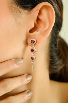 Long Elegant Heart Ruby & Diamond Dangle Drop Earrings in 18kt Yellow Gold