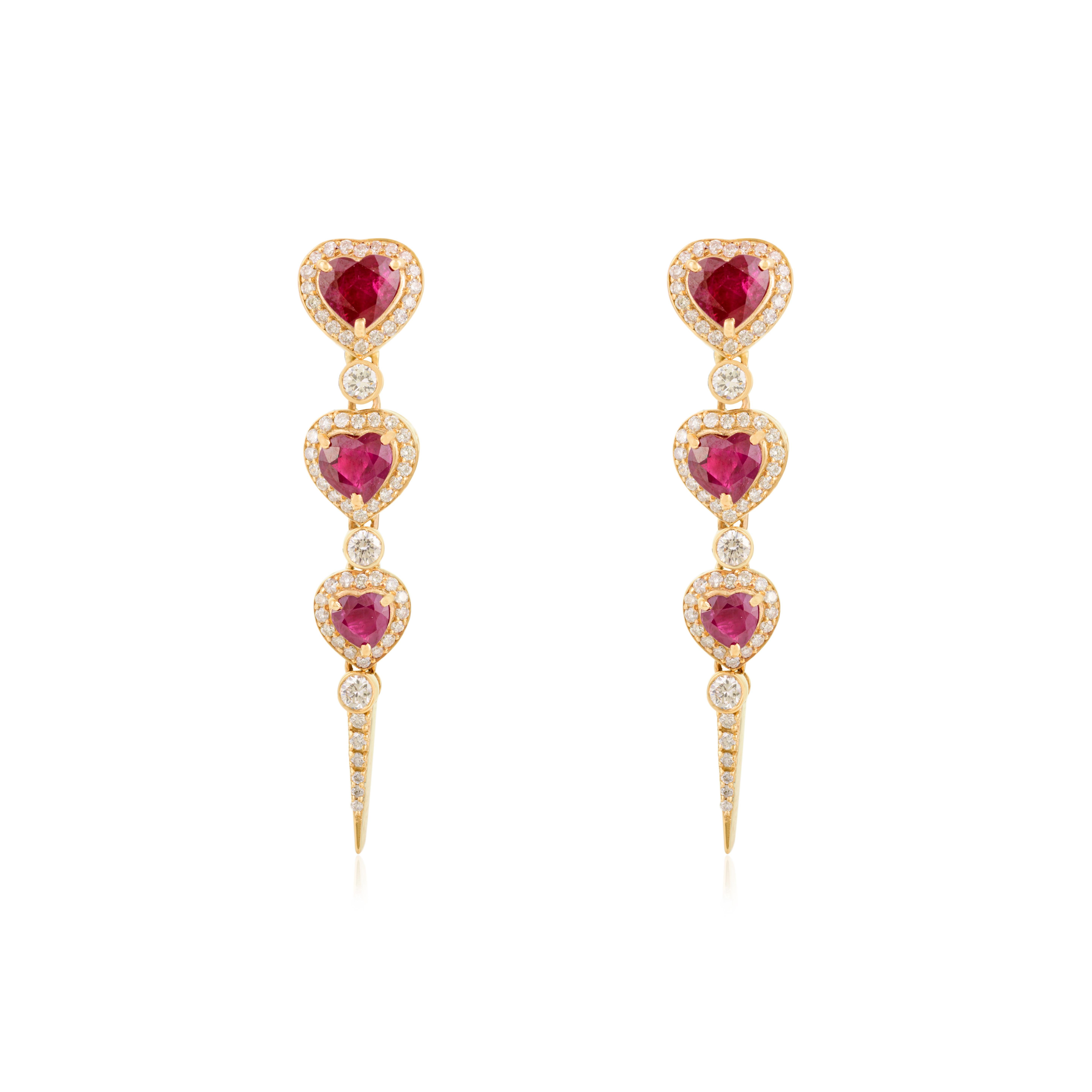 Art Deco Long Elegant Heart Ruby & Diamond Dangle Drop Earrings in 18kt Yellow Gold For Sale