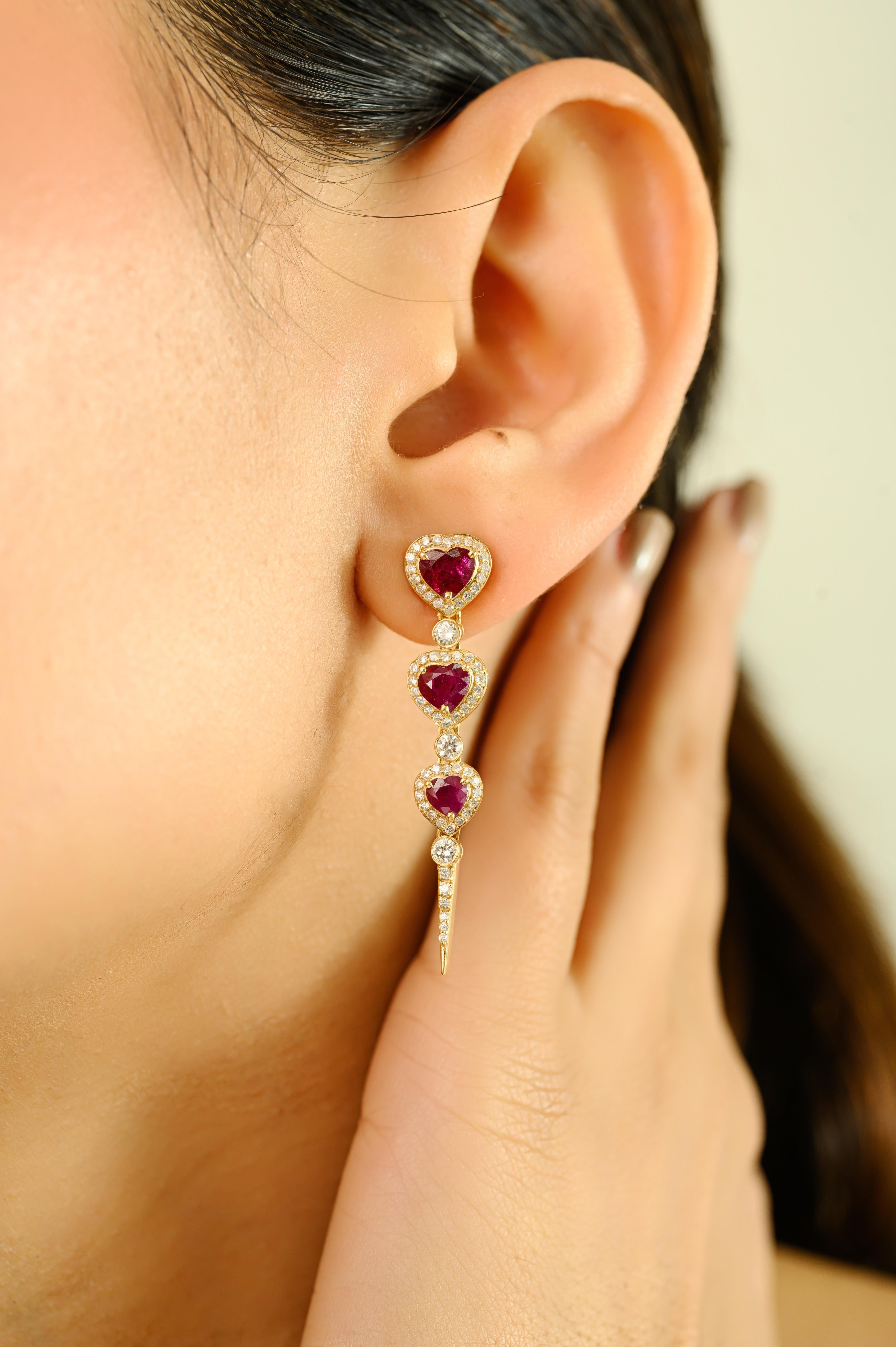 Heart Cut Long Elegant Heart Ruby & Diamond Dangle Drop Earrings in 18kt Yellow Gold For Sale