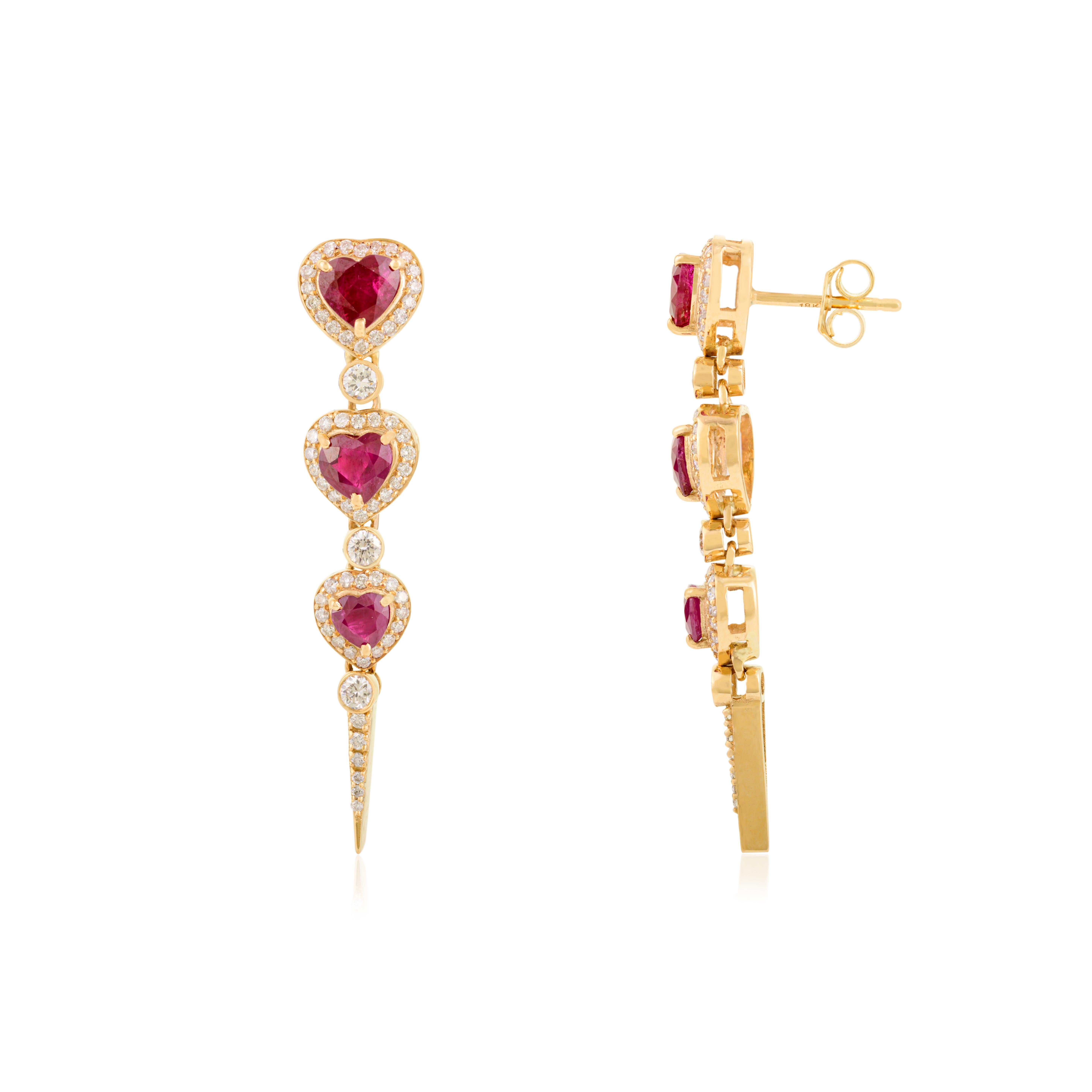 Long Elegant Heart Ruby & Diamond Dangle Drop Earrings in 18kt Yellow Gold In New Condition For Sale In New York, NY