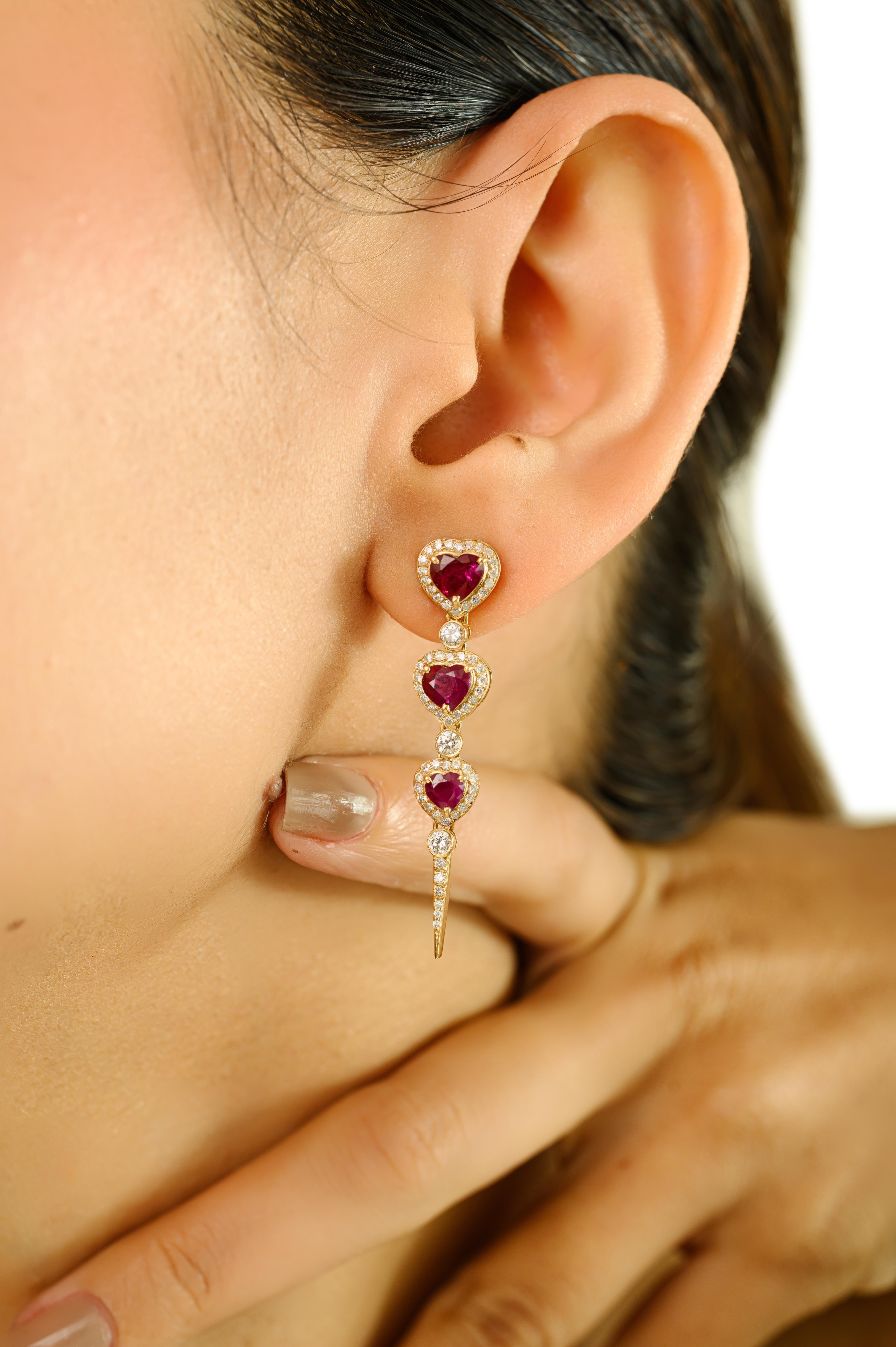 Women's Long Elegant Heart Ruby & Diamond Dangle Drop Earrings in 18kt Yellow Gold For Sale