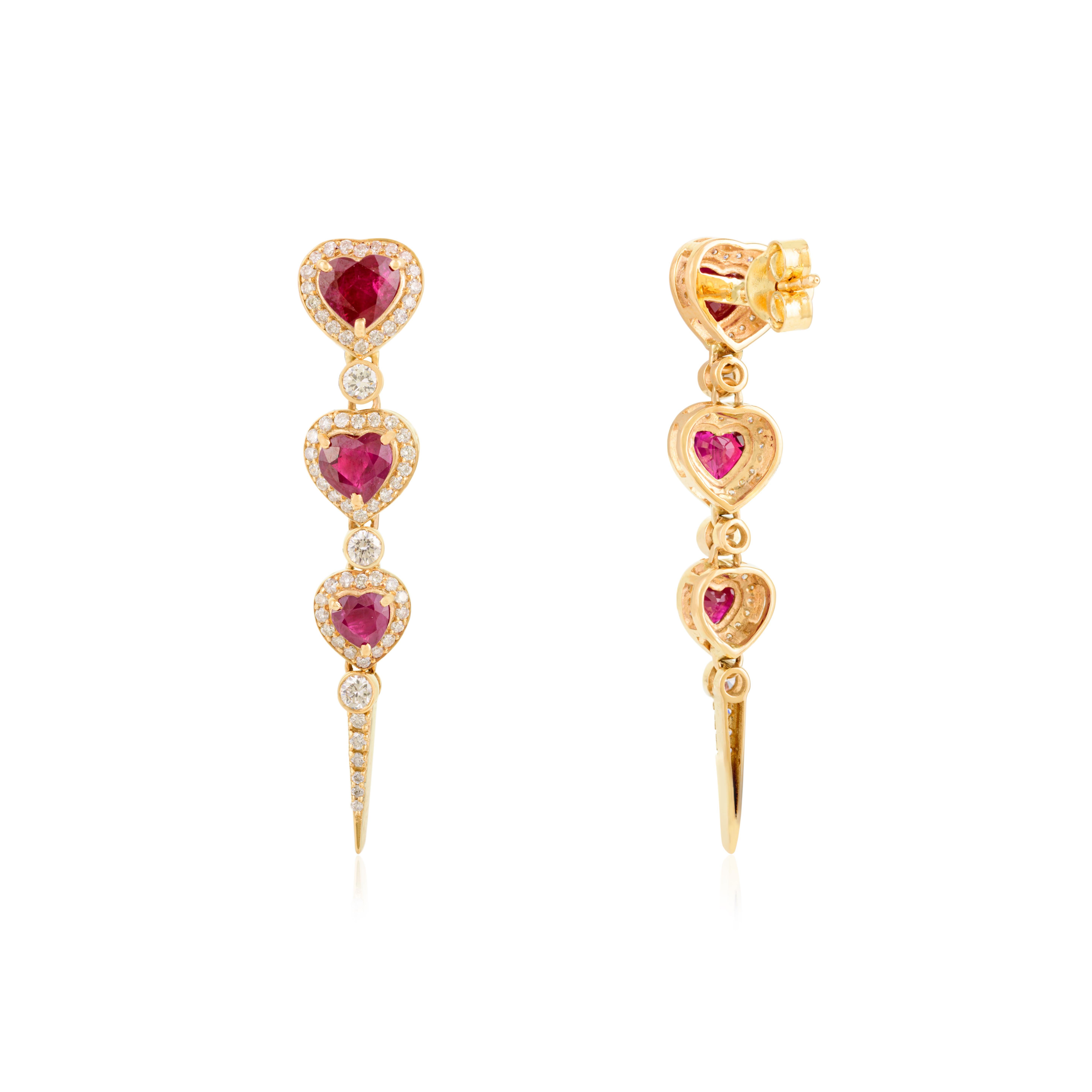 Long Elegant Heart Ruby & Diamond Dangle Drop Earrings in 18kt Yellow Gold For Sale 1