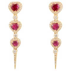 Long Elegant Heart Ruby & Diamond Dangle Drop Earrings in 18kt Yellow Gold