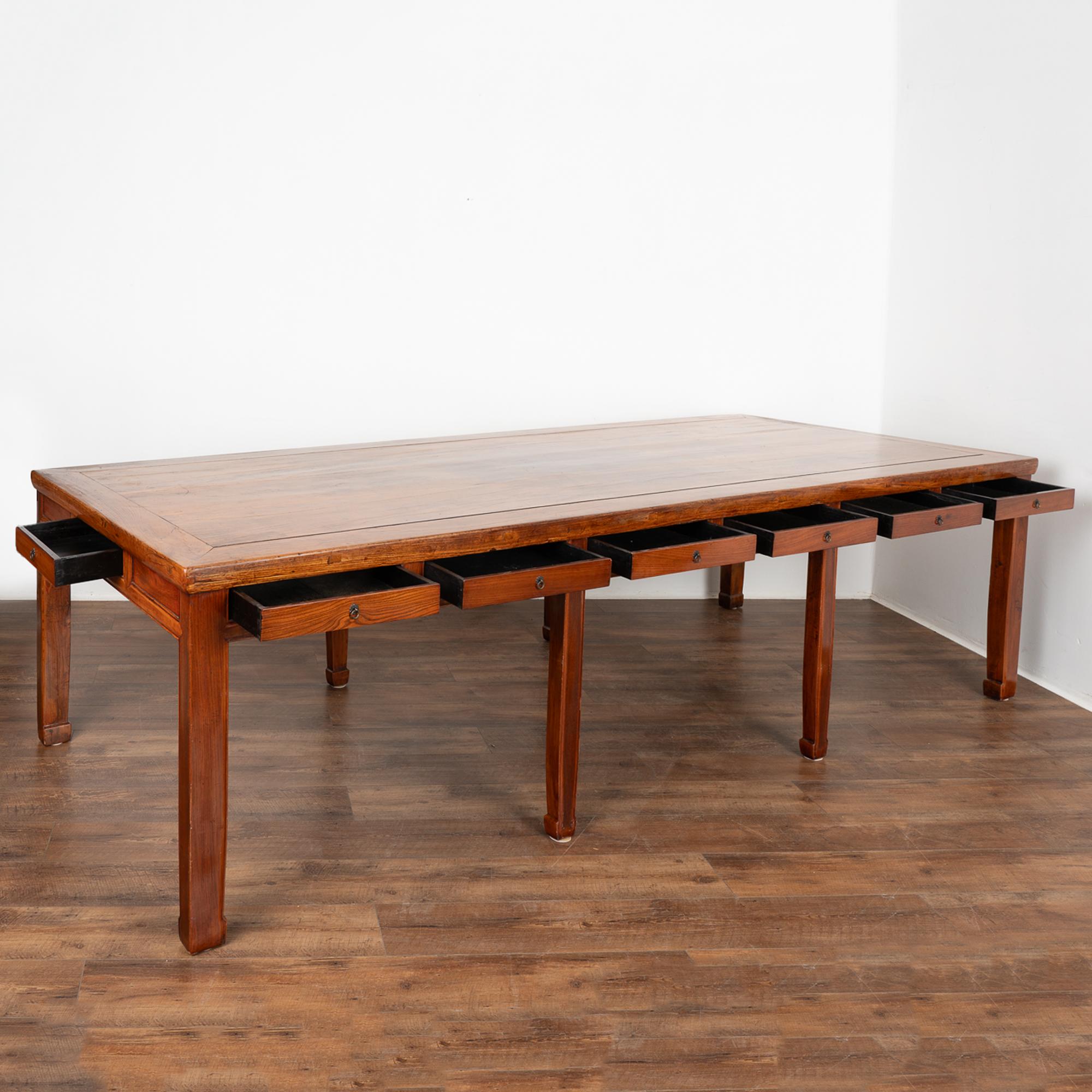 Long Elm Wood Library Table Dining Table With 14 Drawers, China circa 1880 For Sale 5
