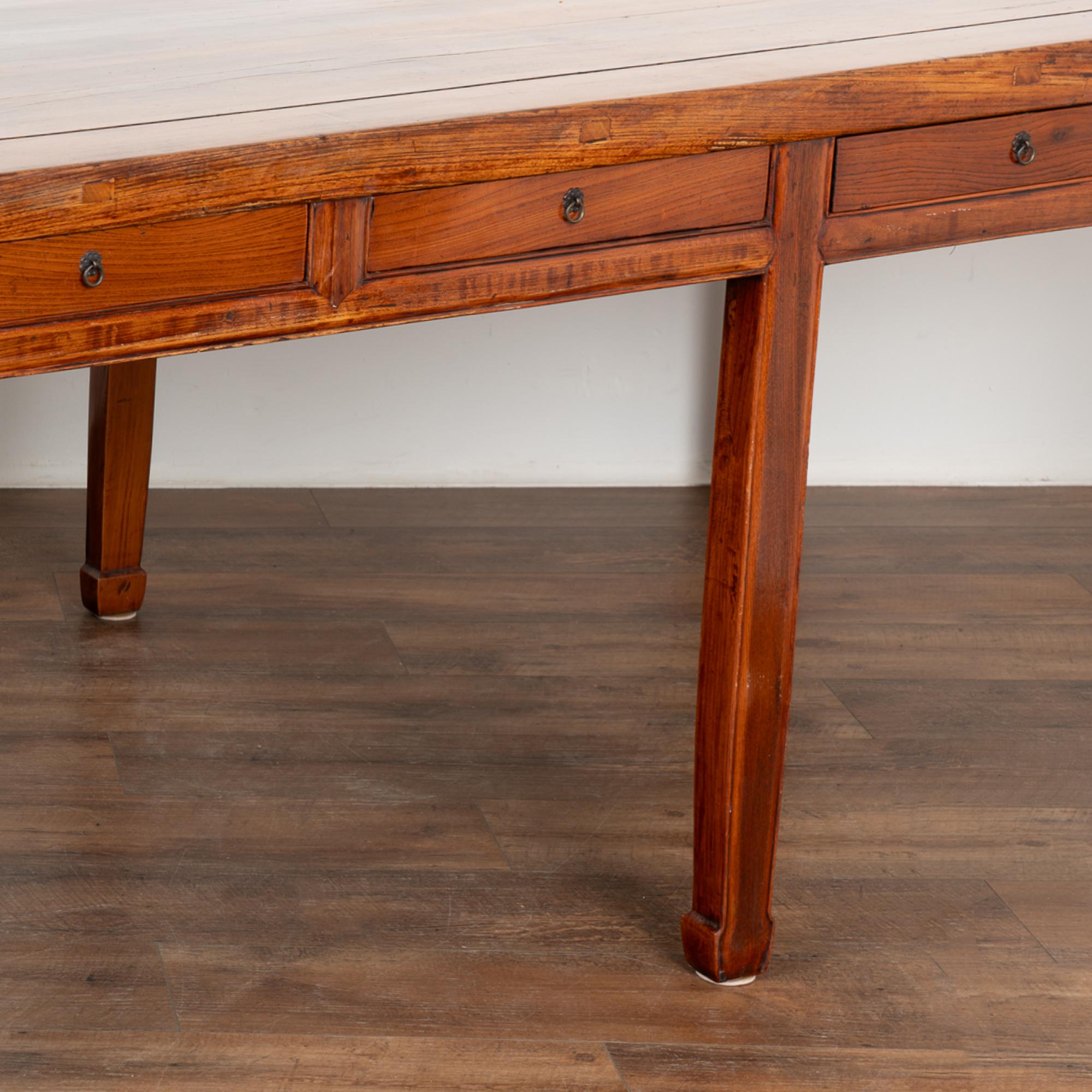 19th Century Long Elm Wood Library Table Dining Table With 14 Drawers, China circa 1880 For Sale