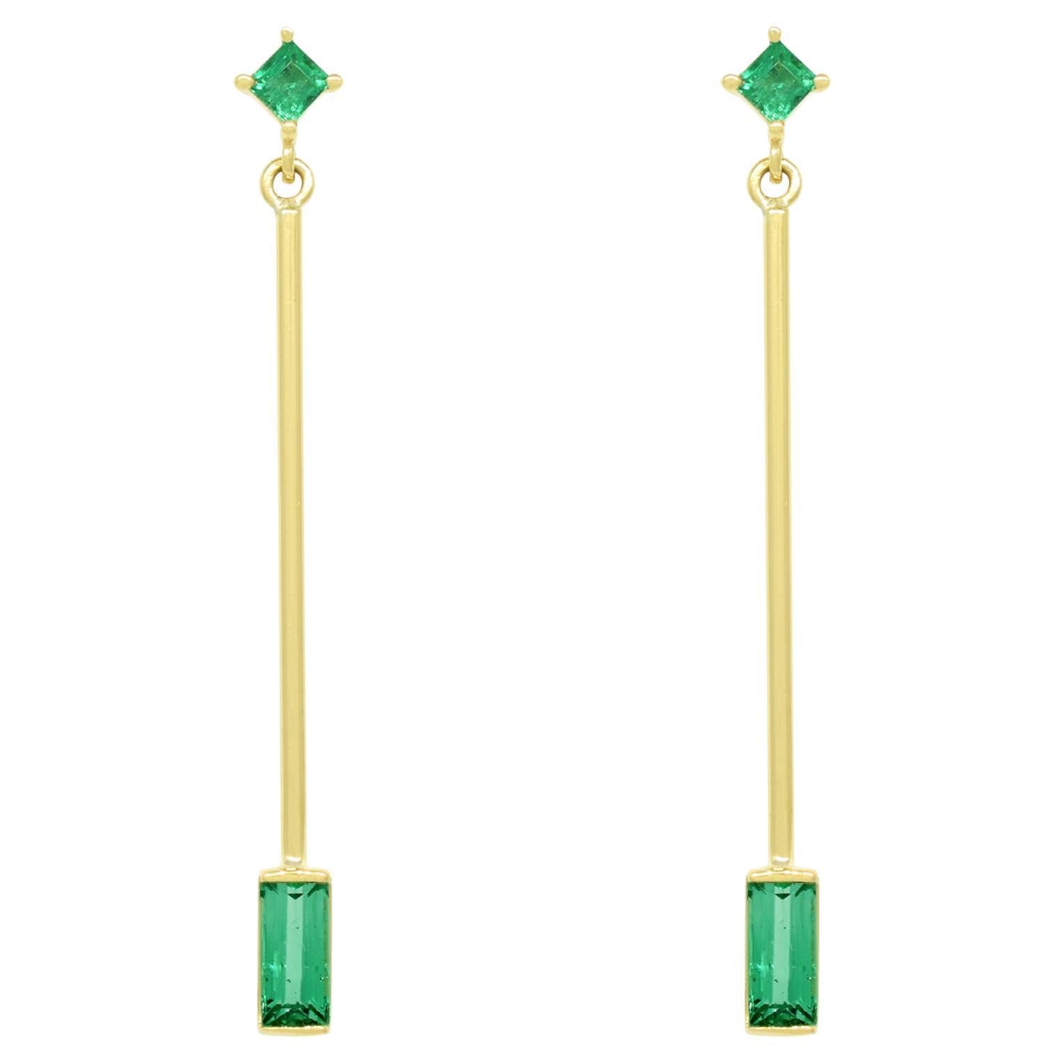 Long Emerald Drop Earrings in 18K Yellow Gold High Quality Colombian Emeralds