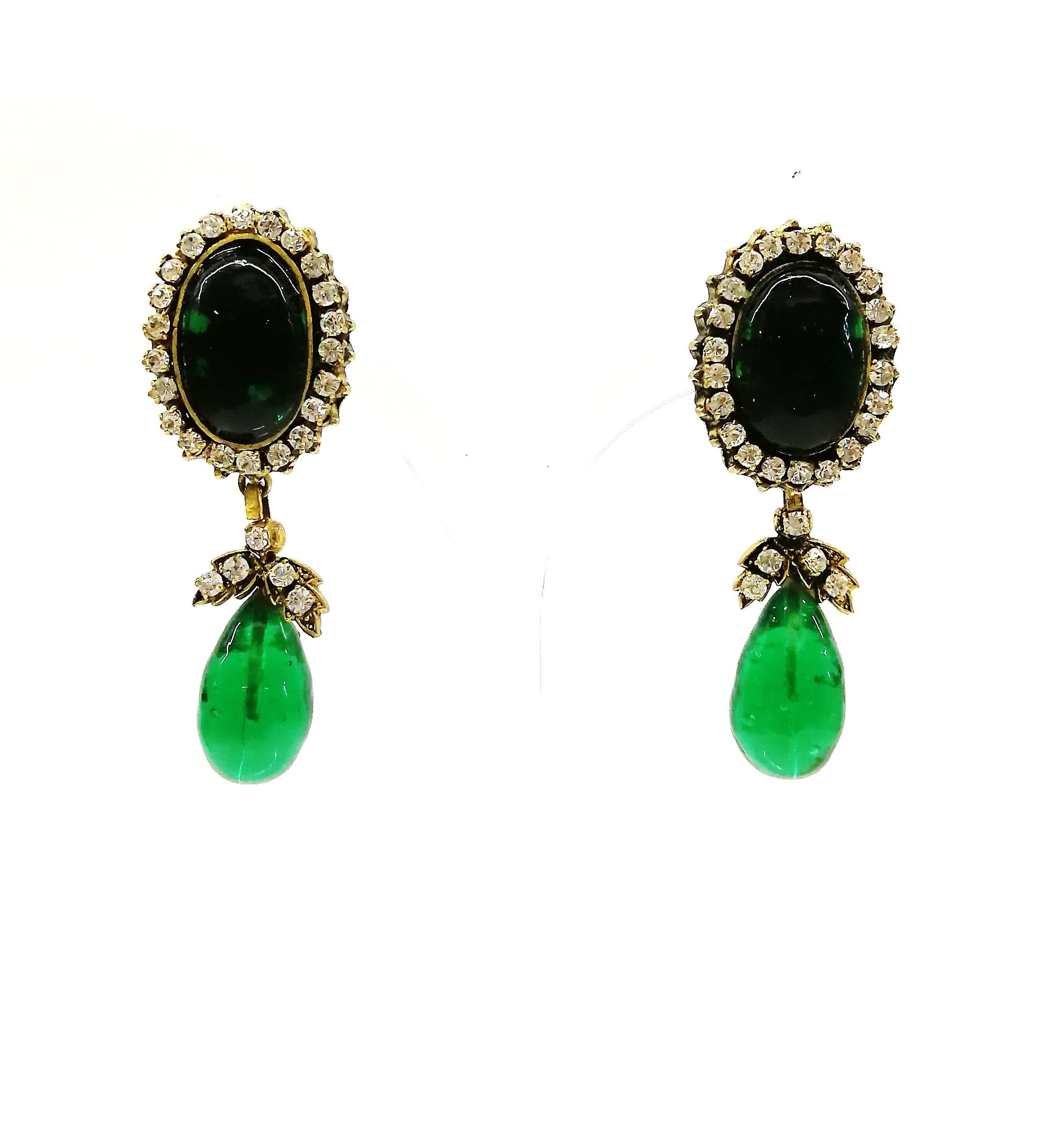 Long emerald poured glass, paste and gilded metal drop earrings, Chanel, 1980s 6