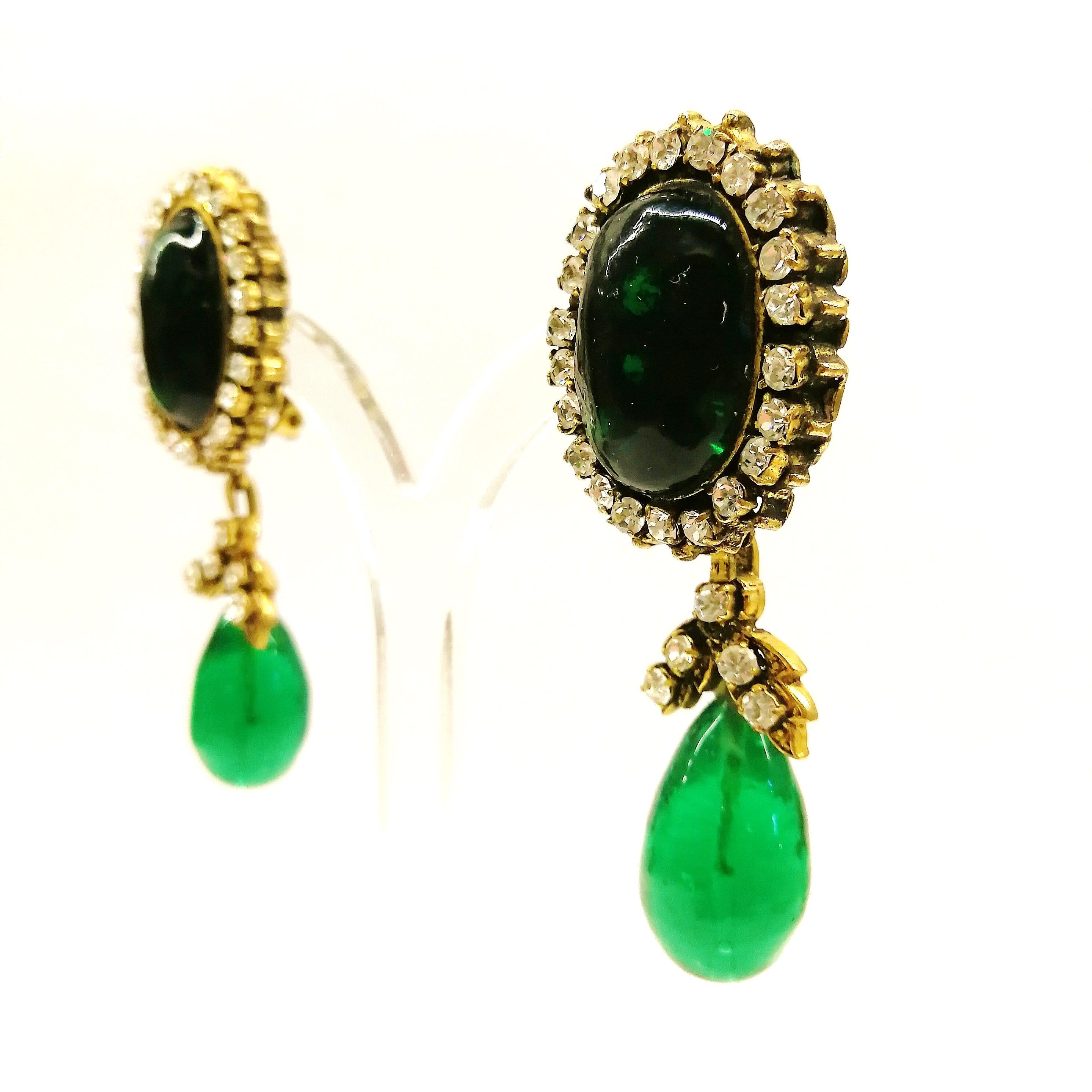 Long emerald poured glass, paste and gilded metal drop earrings, Chanel, 1980s 7
