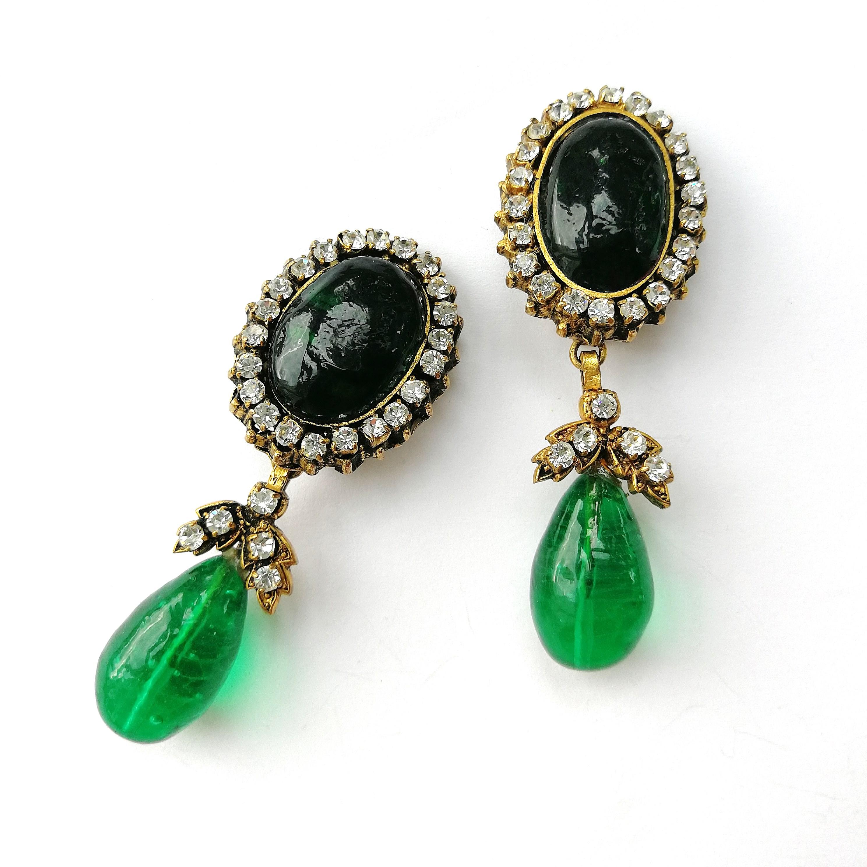 Long emerald poured glass, paste and gilded metal drop earrings, Chanel, 1980s 1