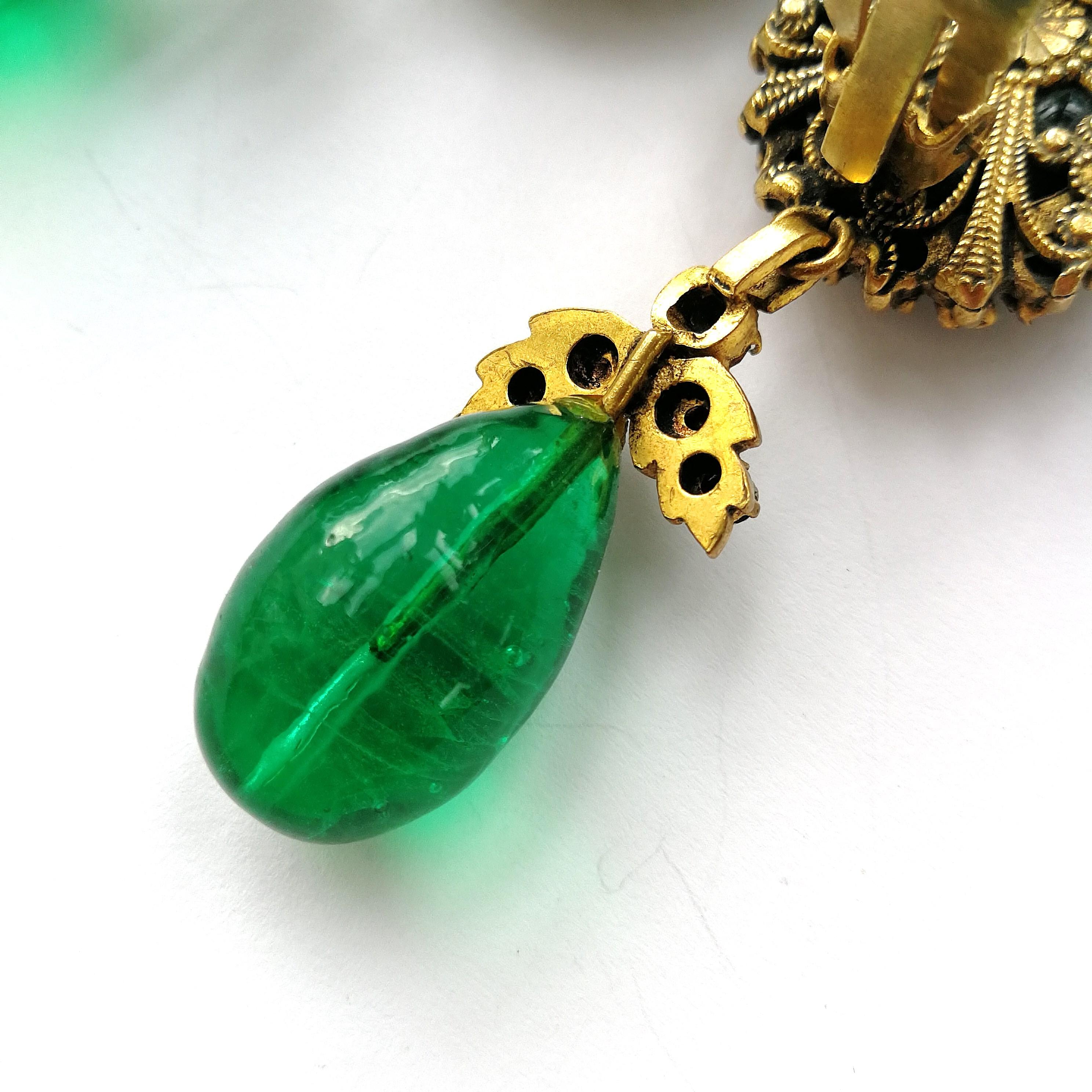Long emerald poured glass, paste and gilded metal drop earrings, Chanel, 1980s 2